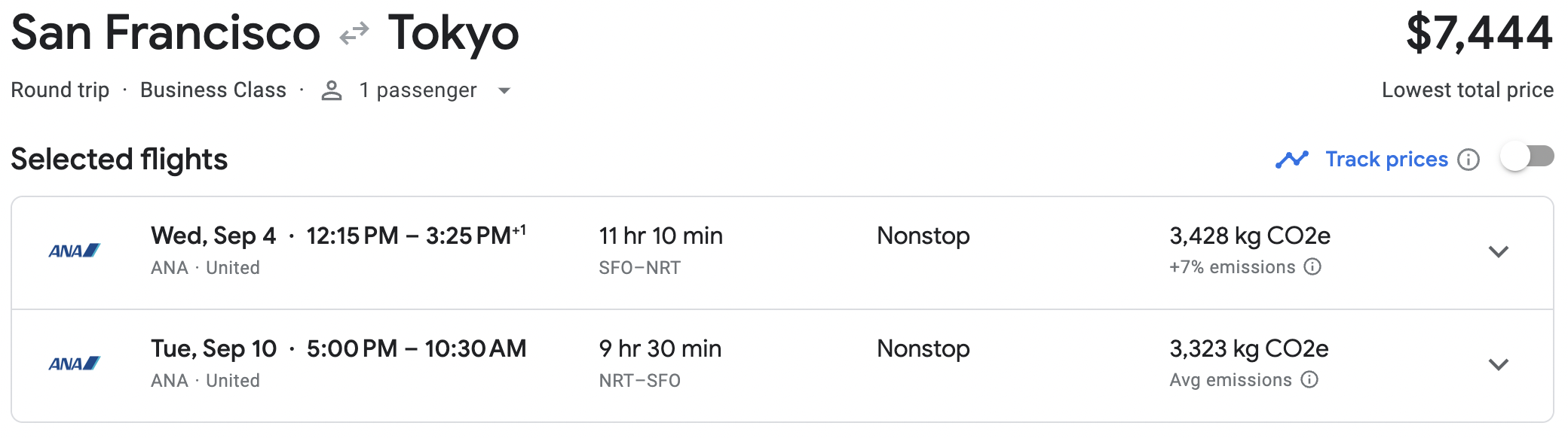 ANA Business Class SFO NRT Screenshot Google Flights ANA Business Class SFO NRT Screenshot Google Flights