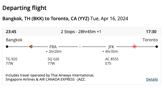 Aeroplan redemption flights BKK FRA JFK YYZ Aeroplan redemption flights BKK FRA JFK YYZ
