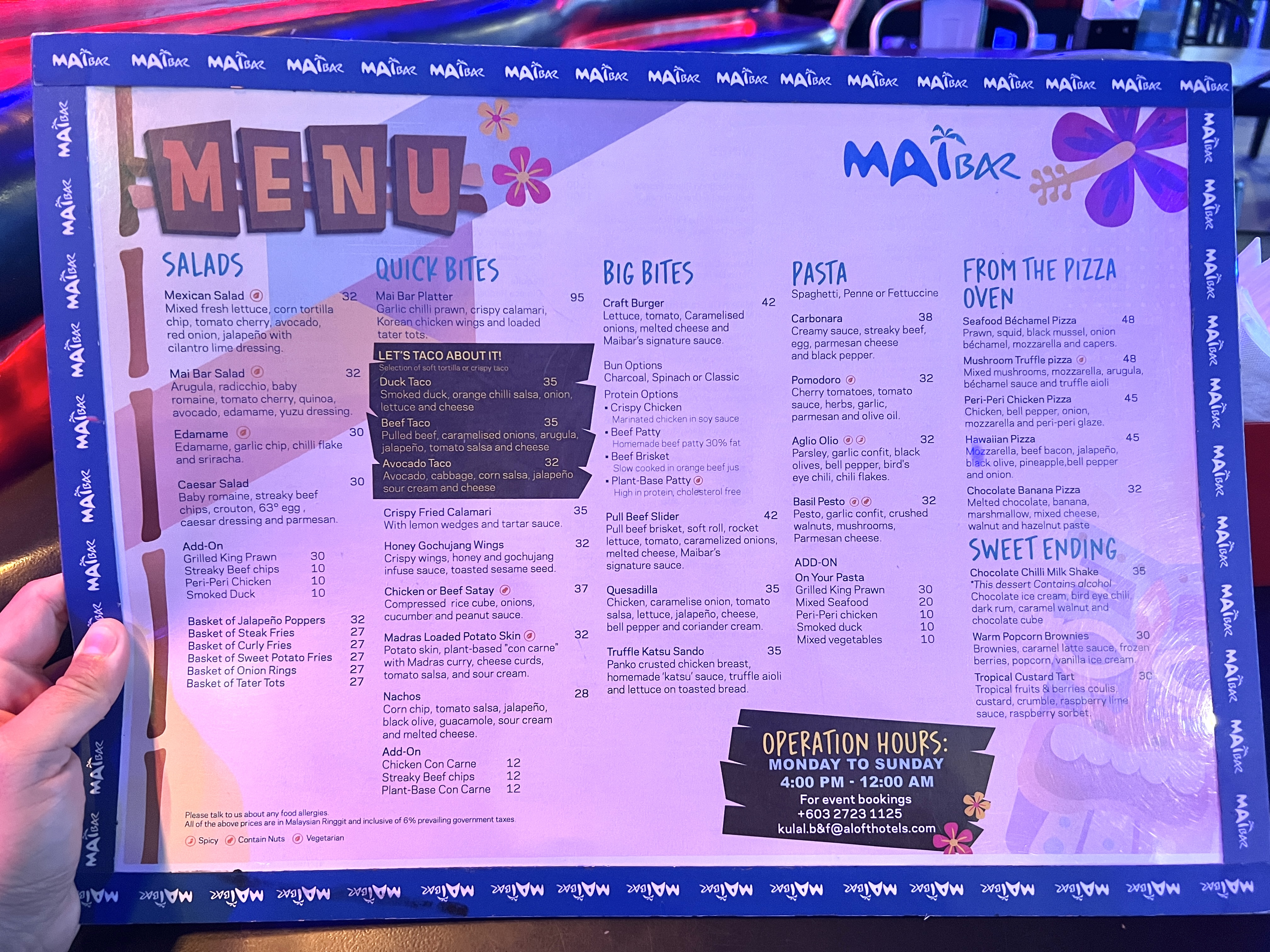 Aloft Kuala Lumpur Sentral MAIBAR menu Aloft Kuala Lumpur Sentral MAIBAR menu
