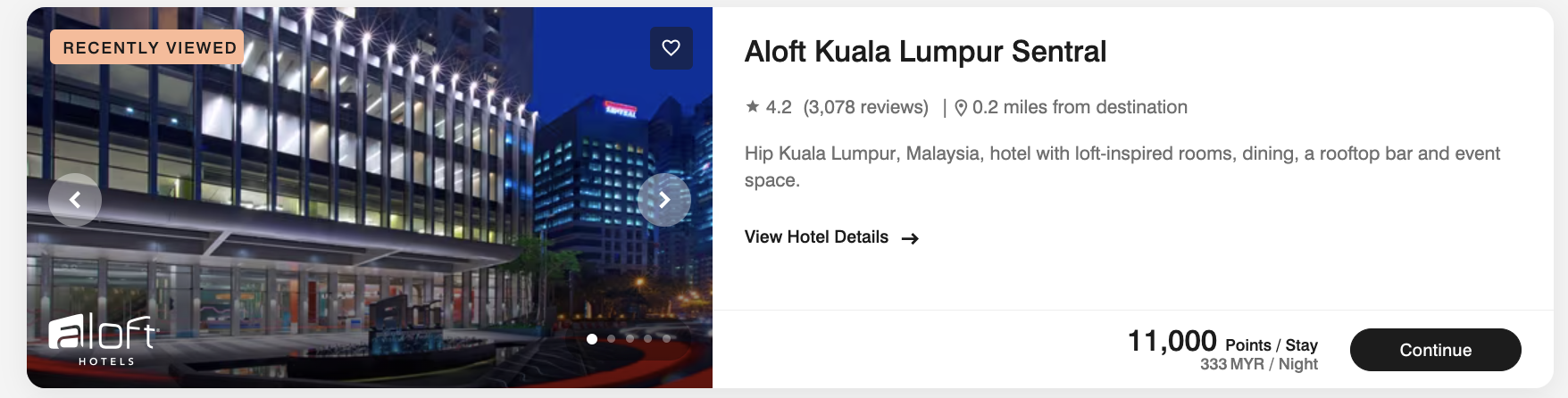 Aloft Kuala Lumpur Sentral points price Aloft Kuala Lumpur Sentral points price