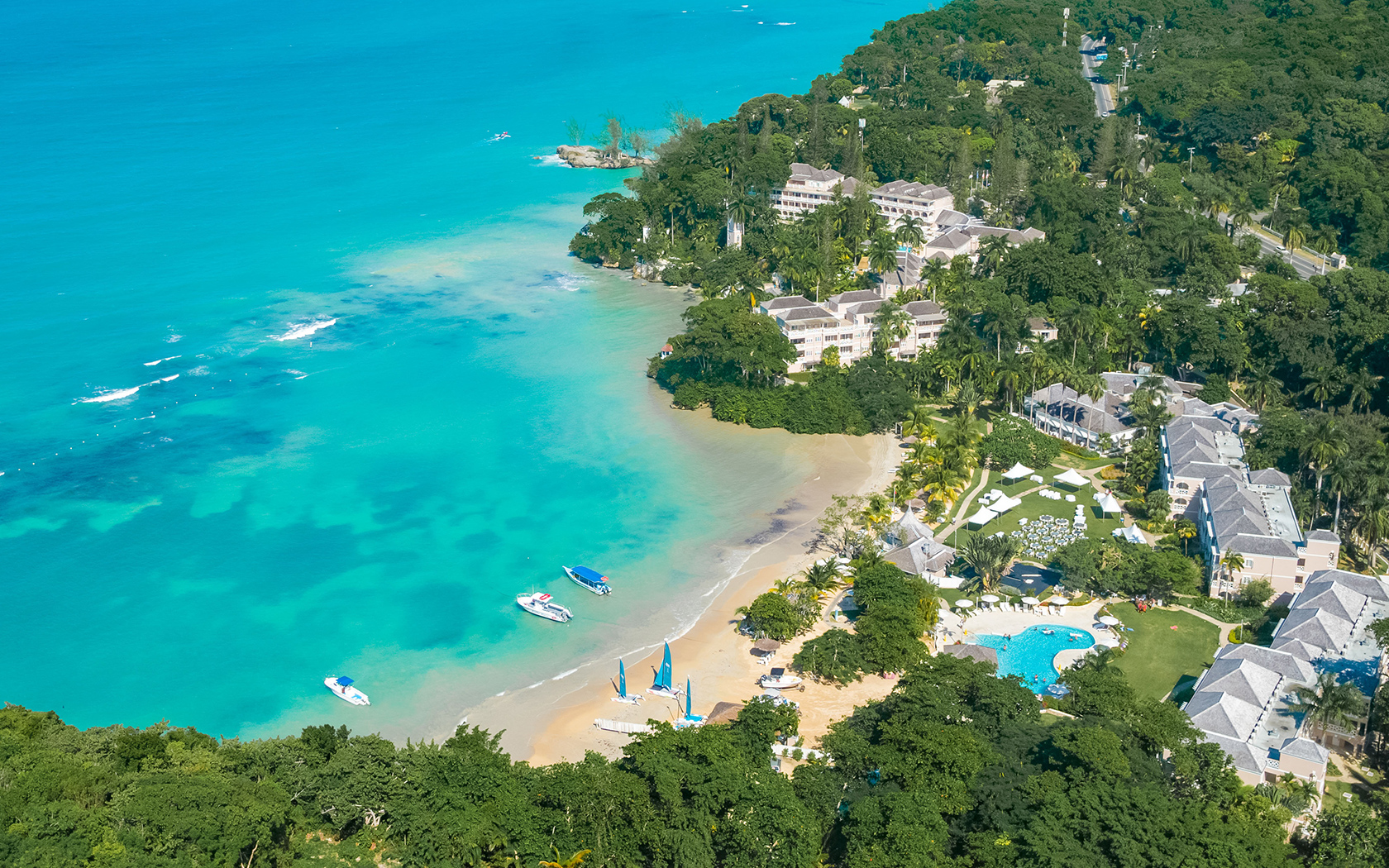 Couples San Souci An aerial photo of the hotel and beach at Couples San Souci.