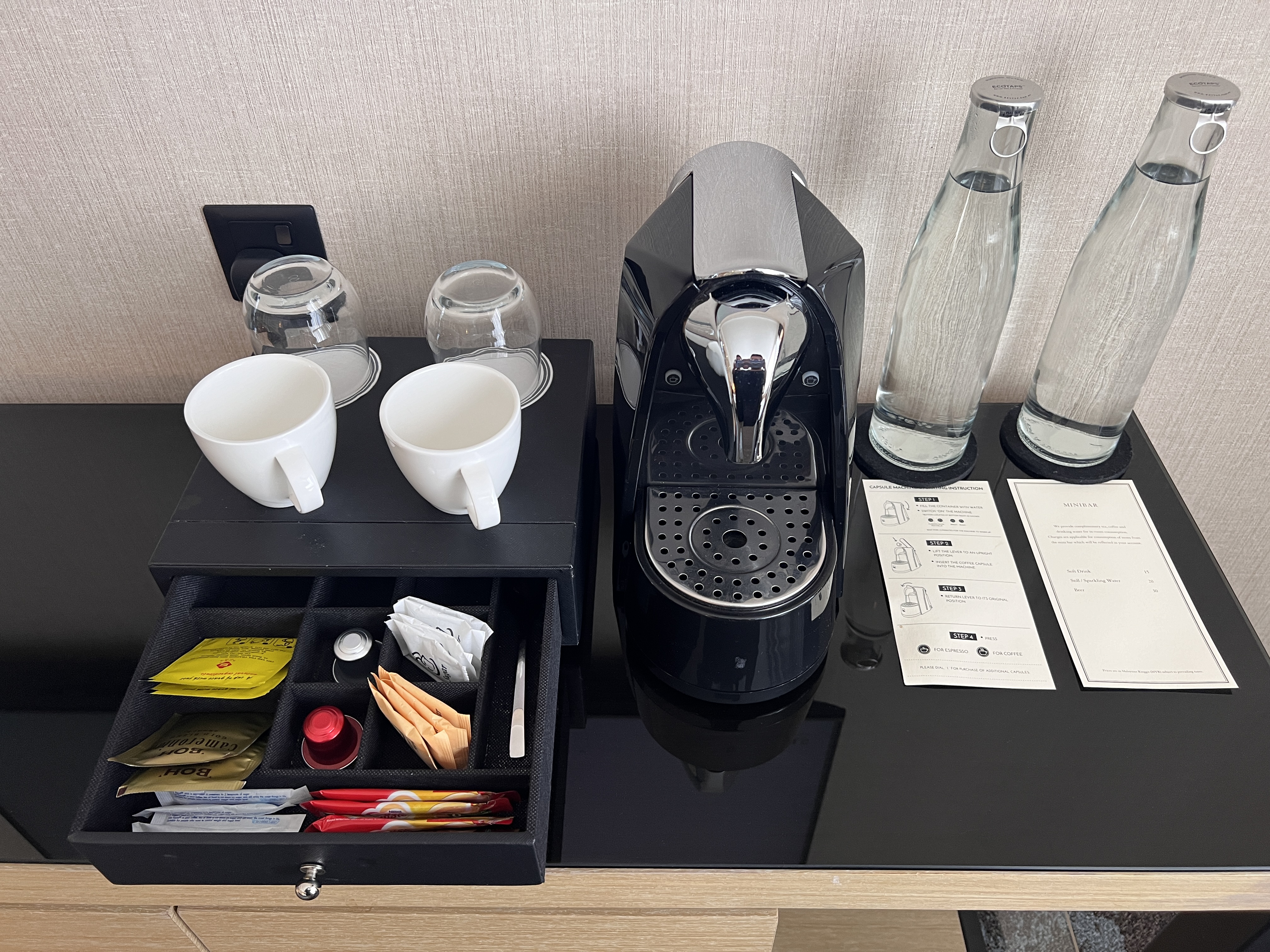 Hotel Stripes Kuala Lumpur Autograph Collection room capsule machine and coffeetea Hotel Stripes Kuala Lumpur Autograph Collection room capsule machine and coffeetea