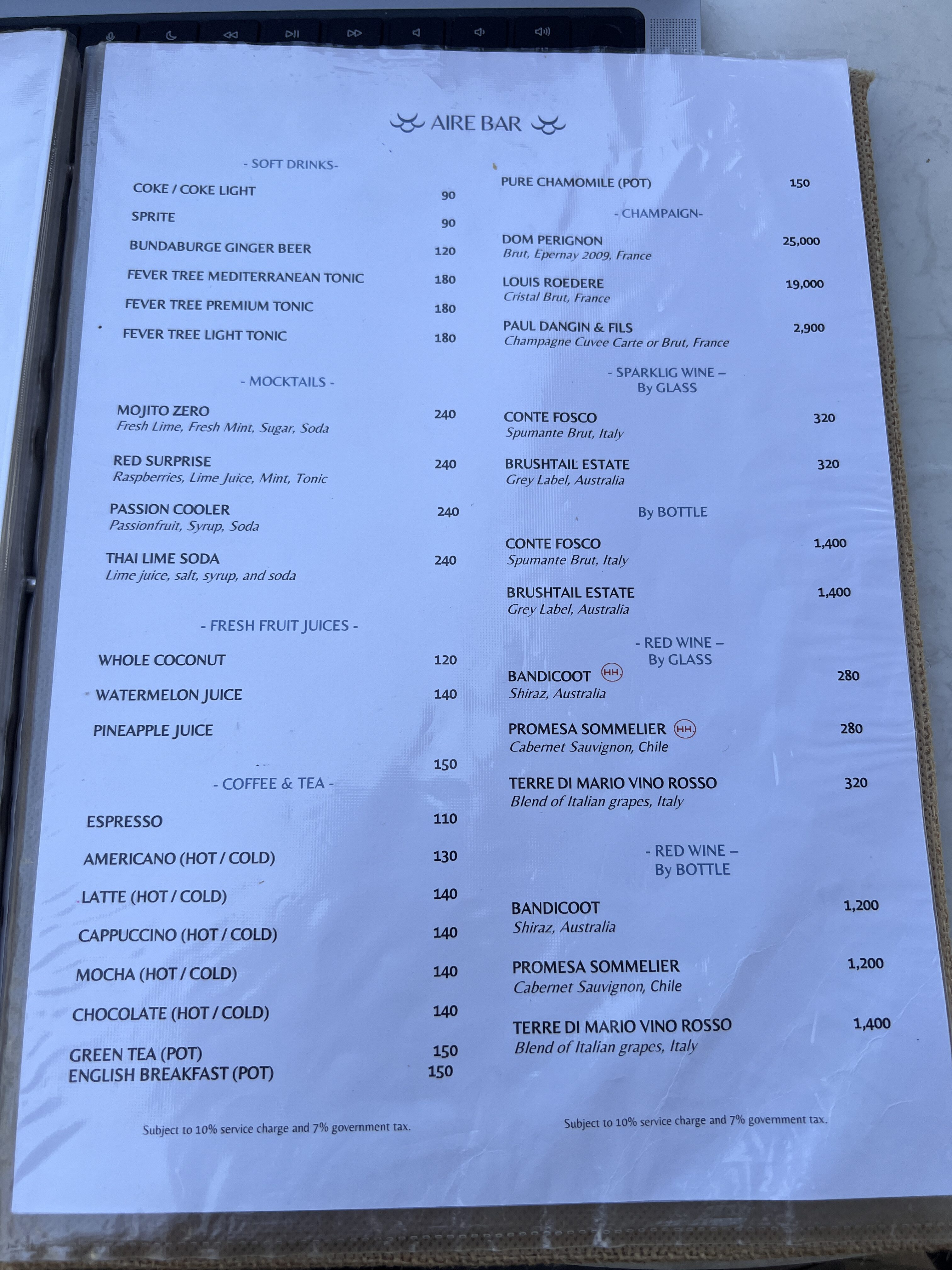 Hyatt Place Bangkok Sukhumvit AIRE Bar drinks menu