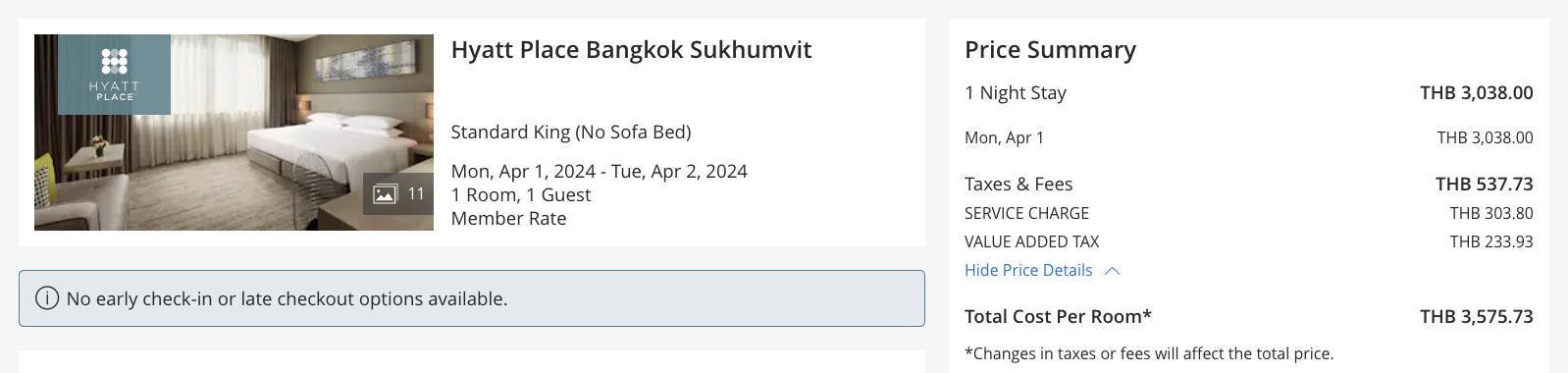 Hyatt Place Bangkok Sukhumvit cash price for 1 night
