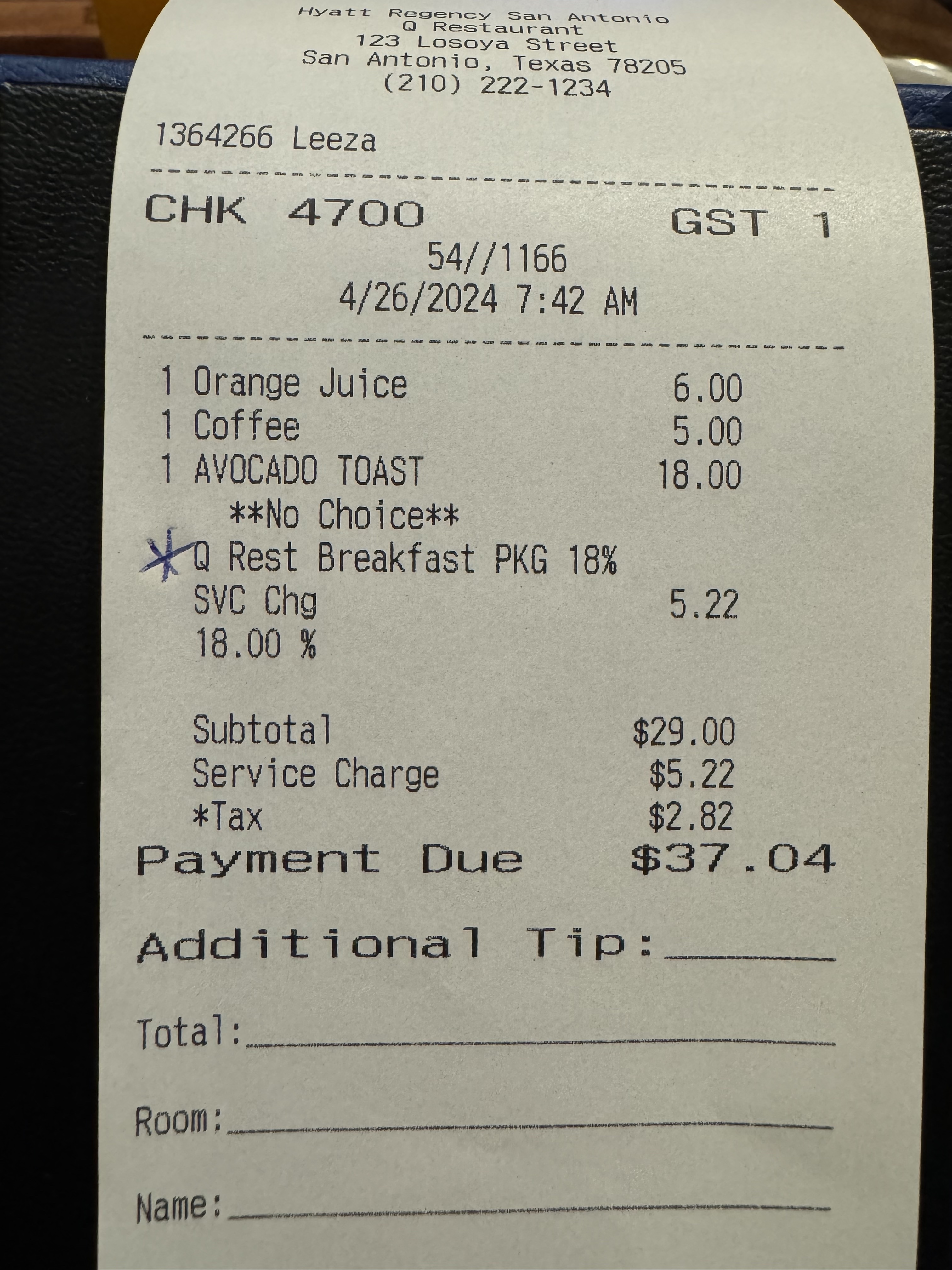 Hyatt Regency San Antonio Riverwalk bill with service charge Hyatt Regency San Antonio Riverwalk bill with service charge