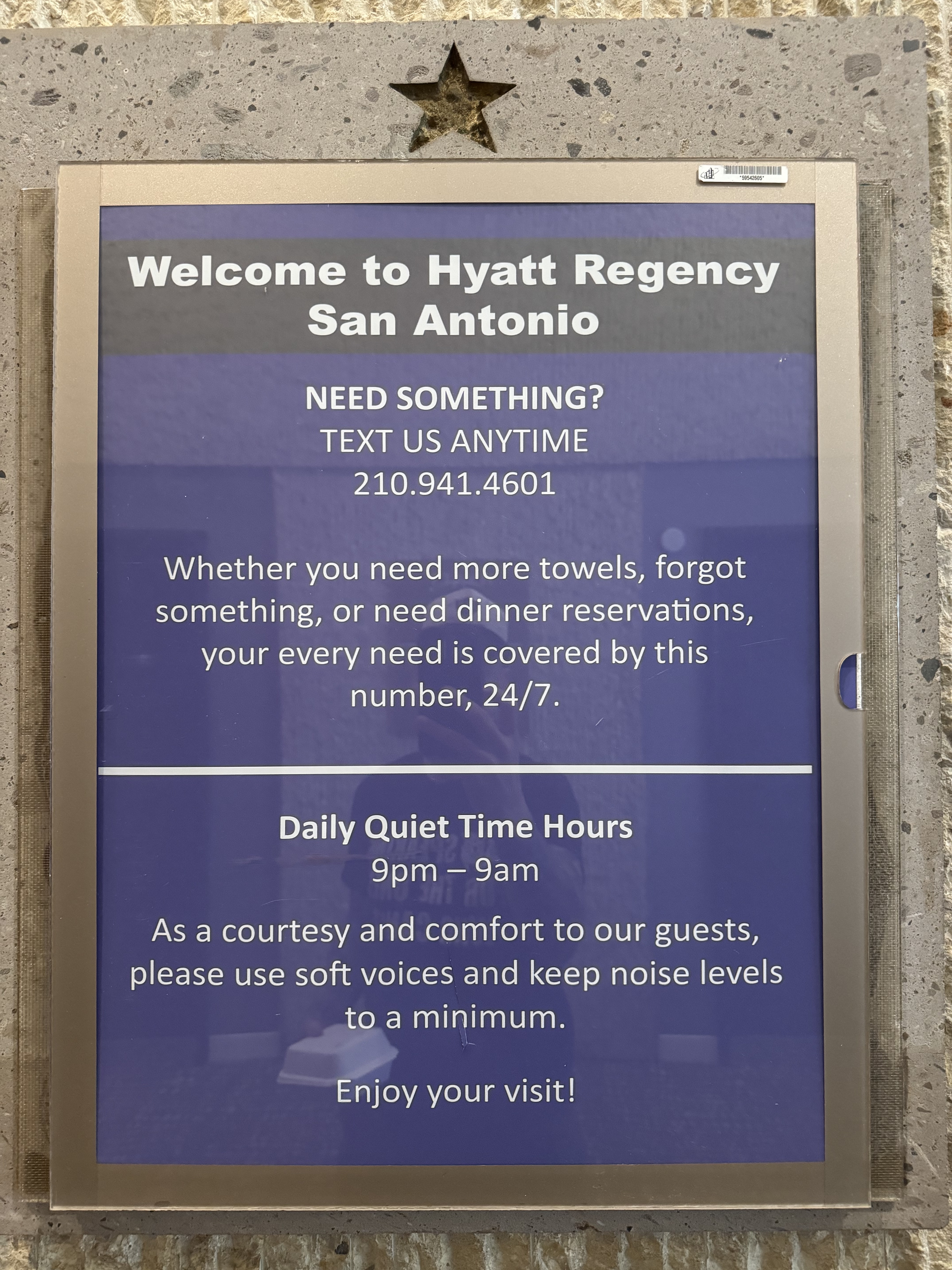 Hyatt Regency San Antonio Riverwalk quiet hours sign near elevators Hyatt Regency San Antonio Riverwalk quiet hours sign near elevators