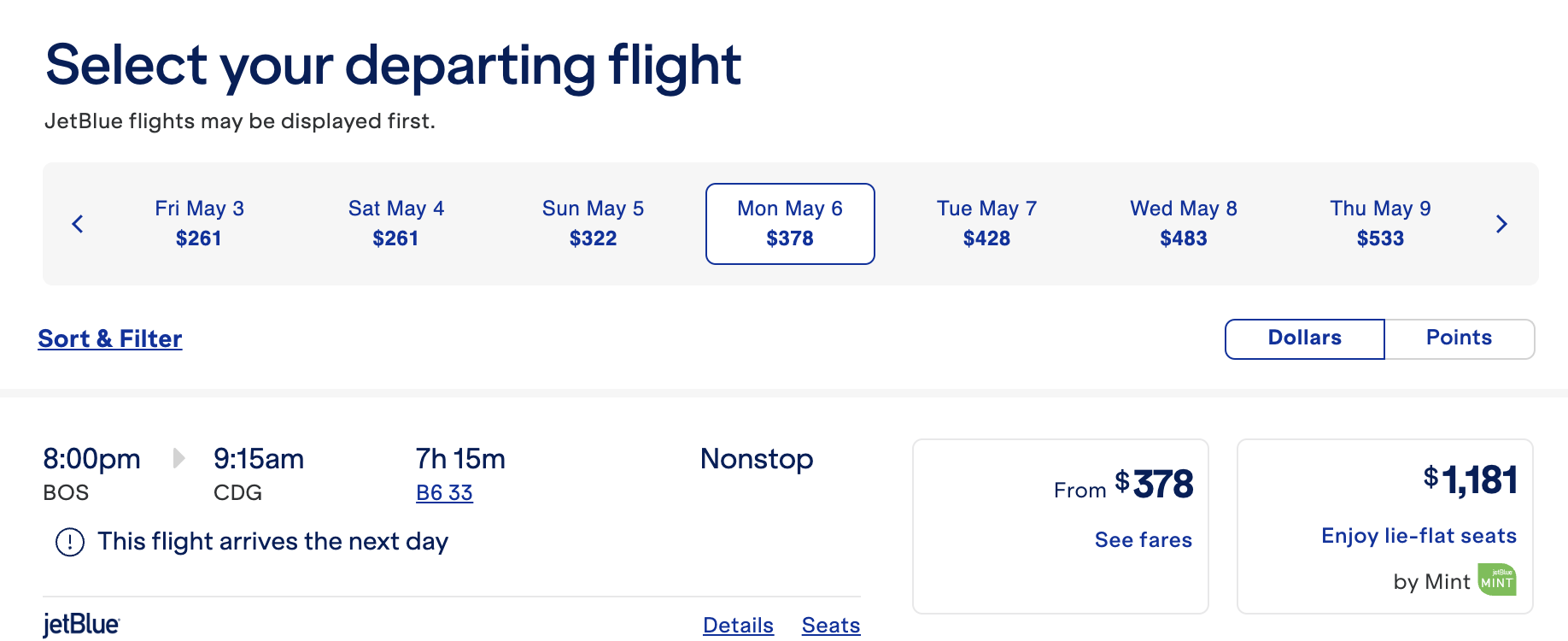 JetBlue BOS CDG Mint cash price