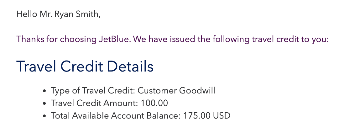 JetBlue travel credit JetBlue travel credit