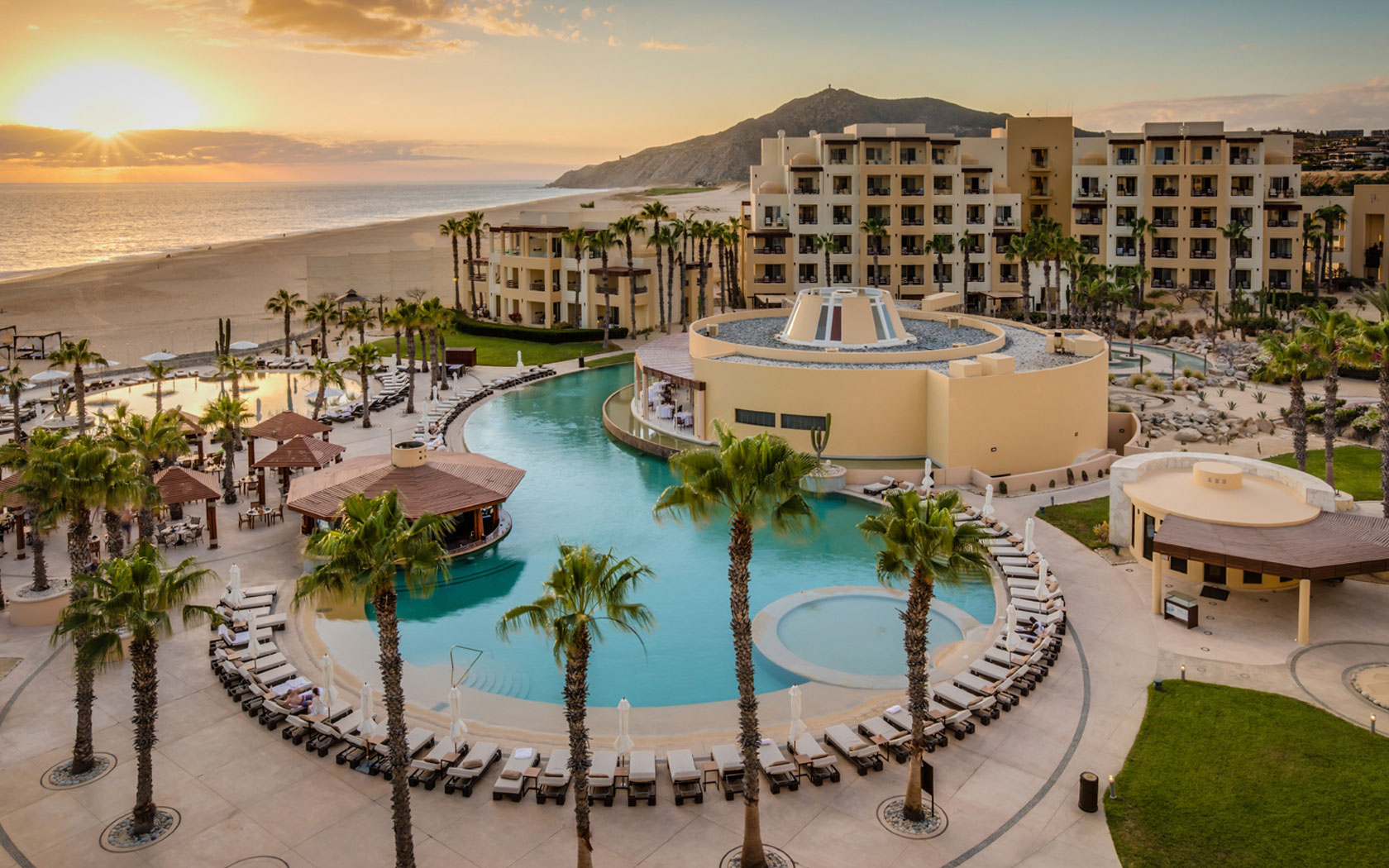 Pueblo Bonita los cabos An aerial photo of Pueblo Bonito Pacifica's pool and lounge areas overlooking the ocean.