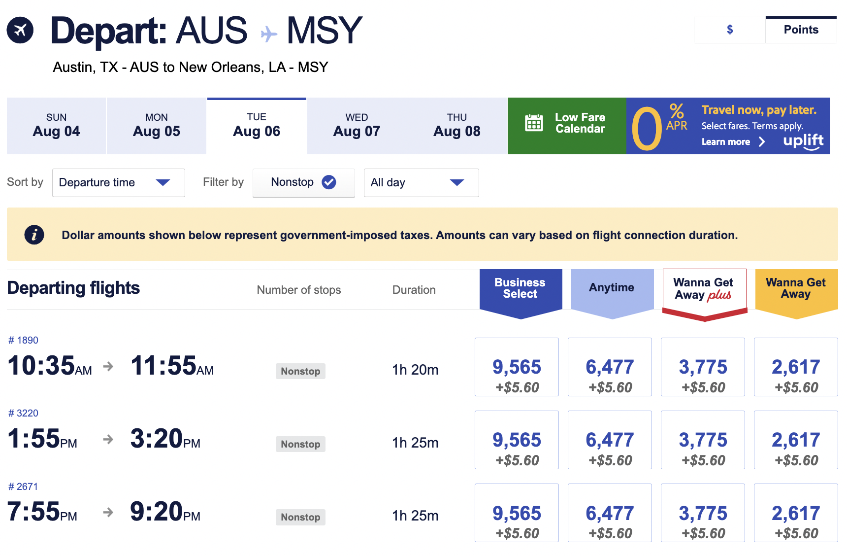 Southwest Pricing AUS MSY Screenshot Southwest Pricing AUS MSY Screenshot