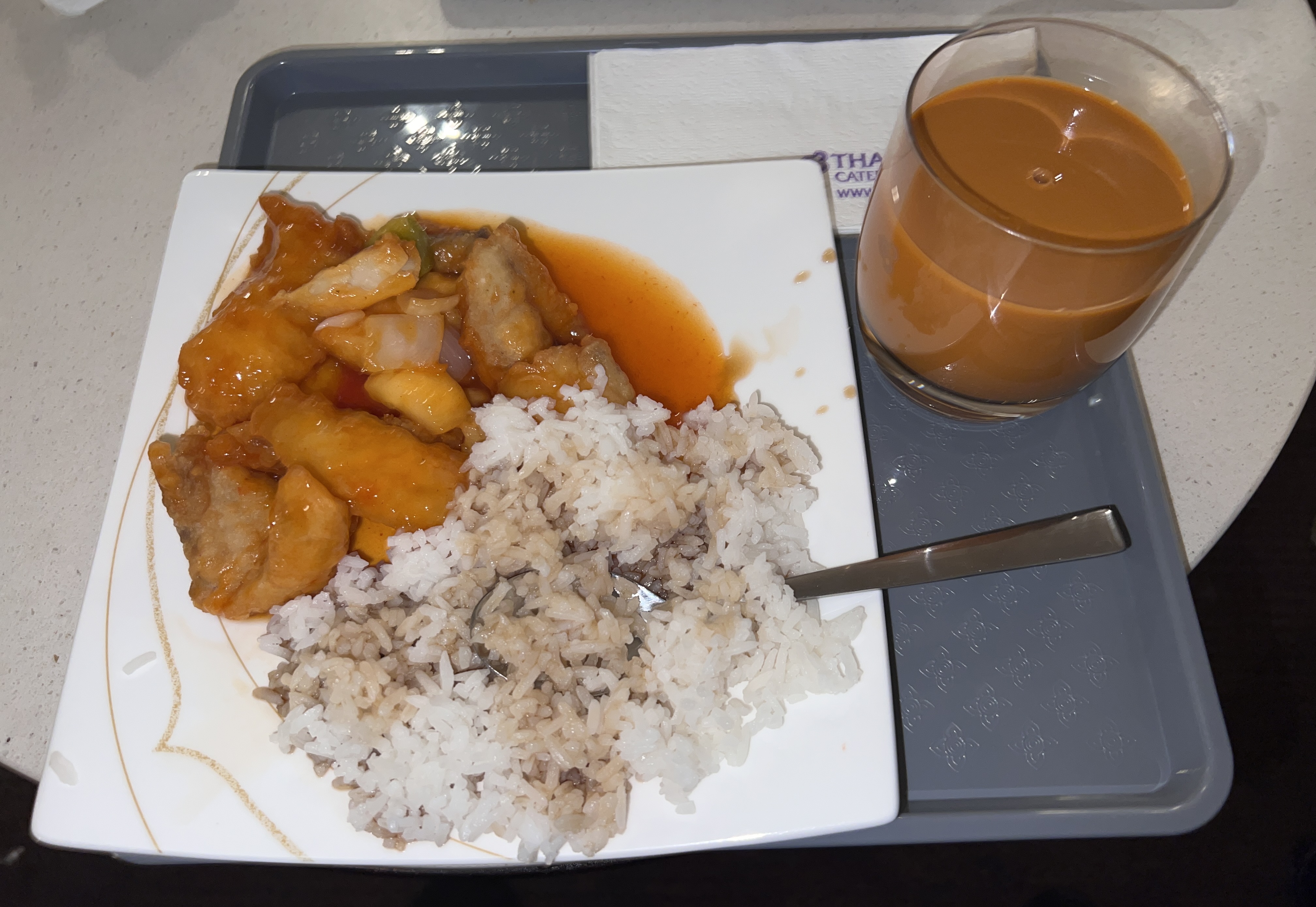 Thai Airways Royal Silk Lounge plate sweet and sour fish Thai Airways Royal Silk Lounge plate sweet and sour fish