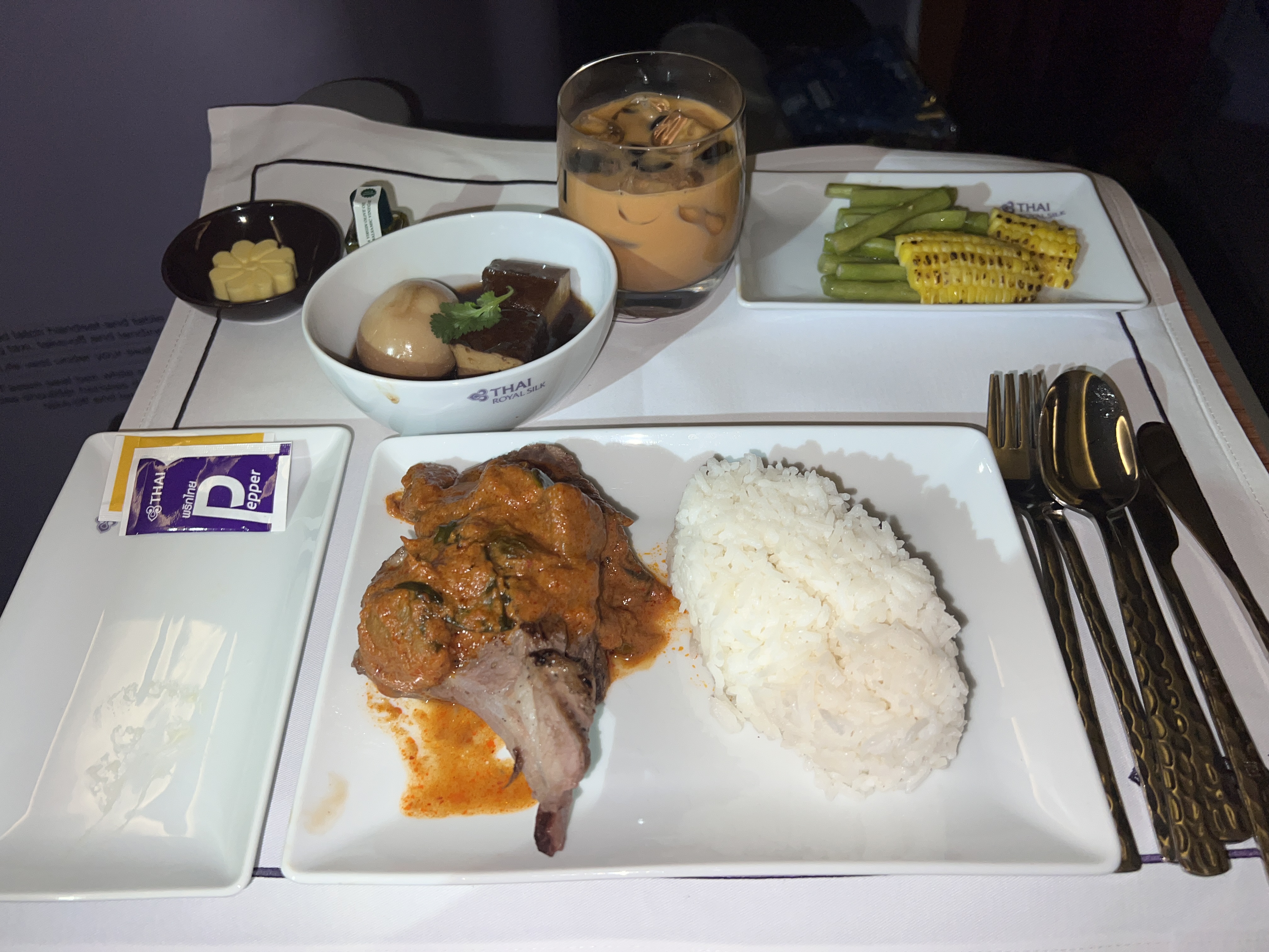 Thai Airways Royal Silk business class 777 300er lamb chops in red curry Thai Airways Royal Silk business class 777 300er lamb chops in red curry