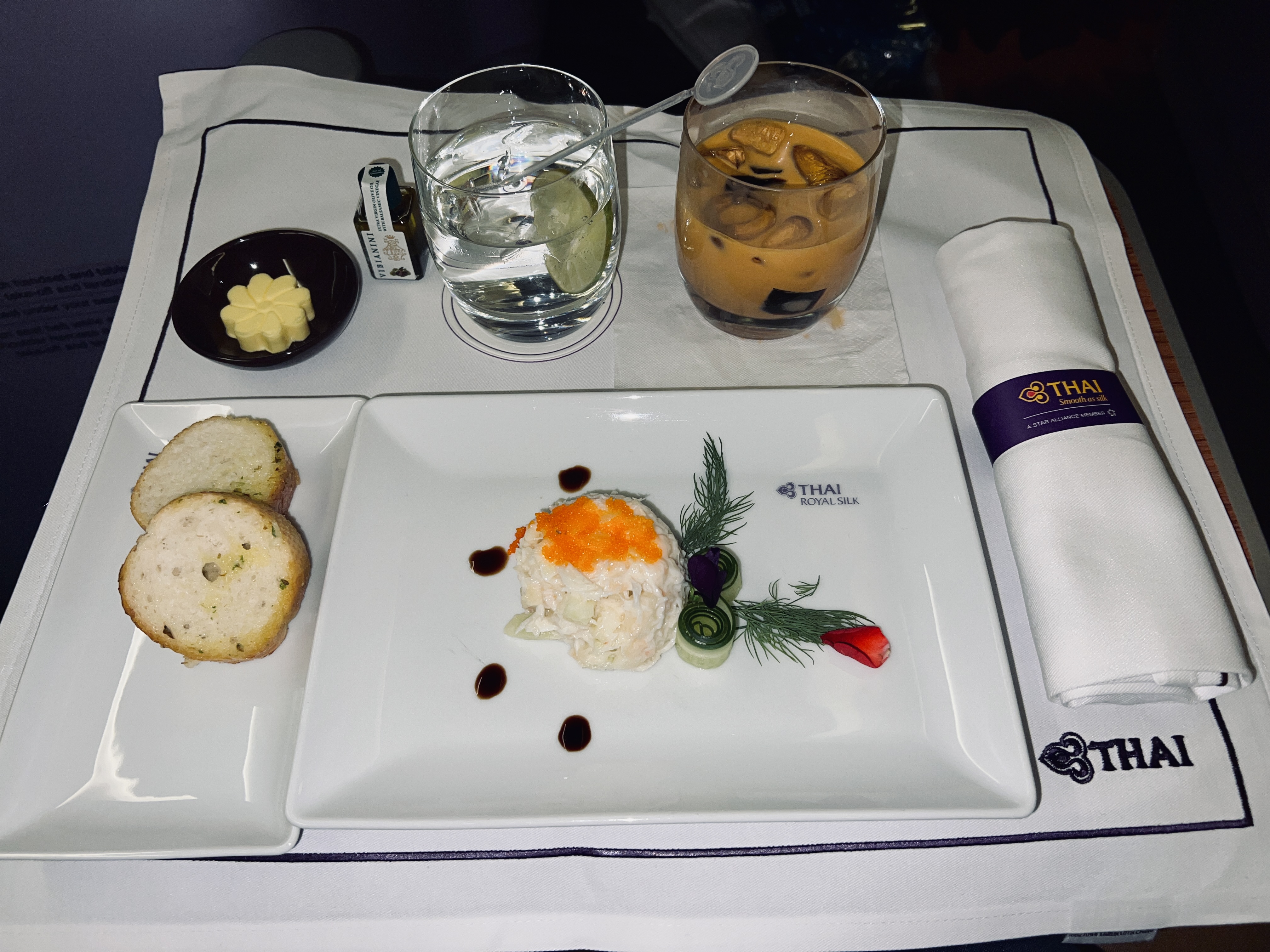Thai Airways Royal Silk business class 777 300er salmon and crab tartare Thai Airways Royal Silk business class 777 300er salmon and crab tartare