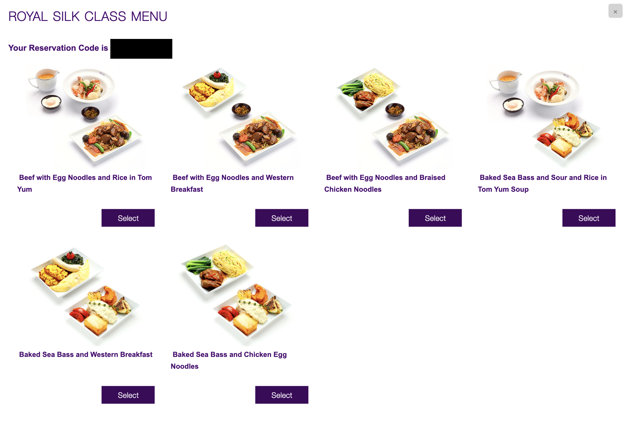 Thai Airways Royal Silk meal selection online Thai Airways Royal Silk meal selection online