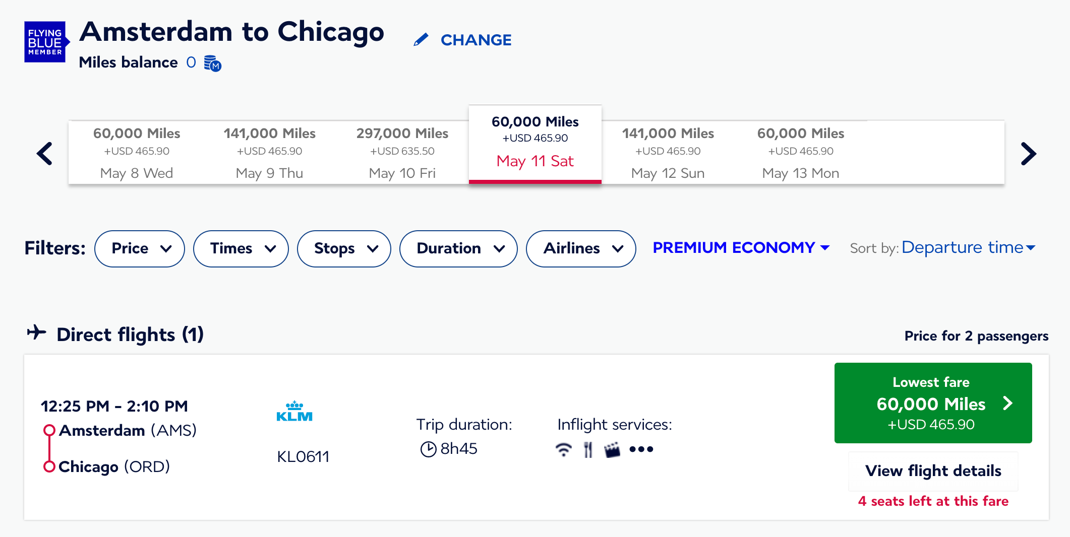 AMS to ORD cost in miles