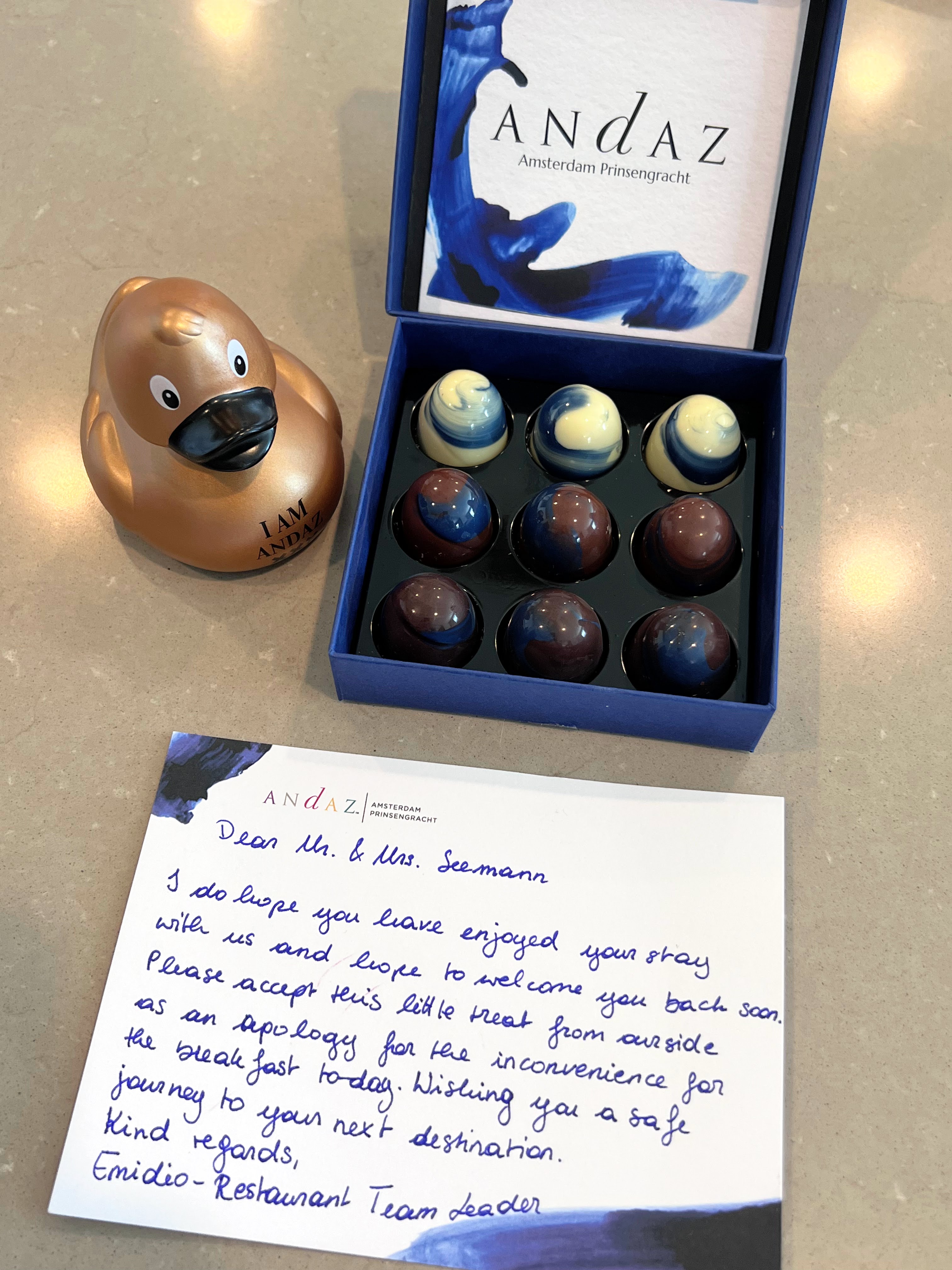 Andaz Amsterdam duck and chocolates Andaz Amsterdam duck and chocolates