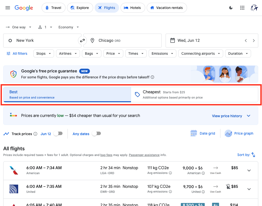 Best vs Cheapest Google Flights