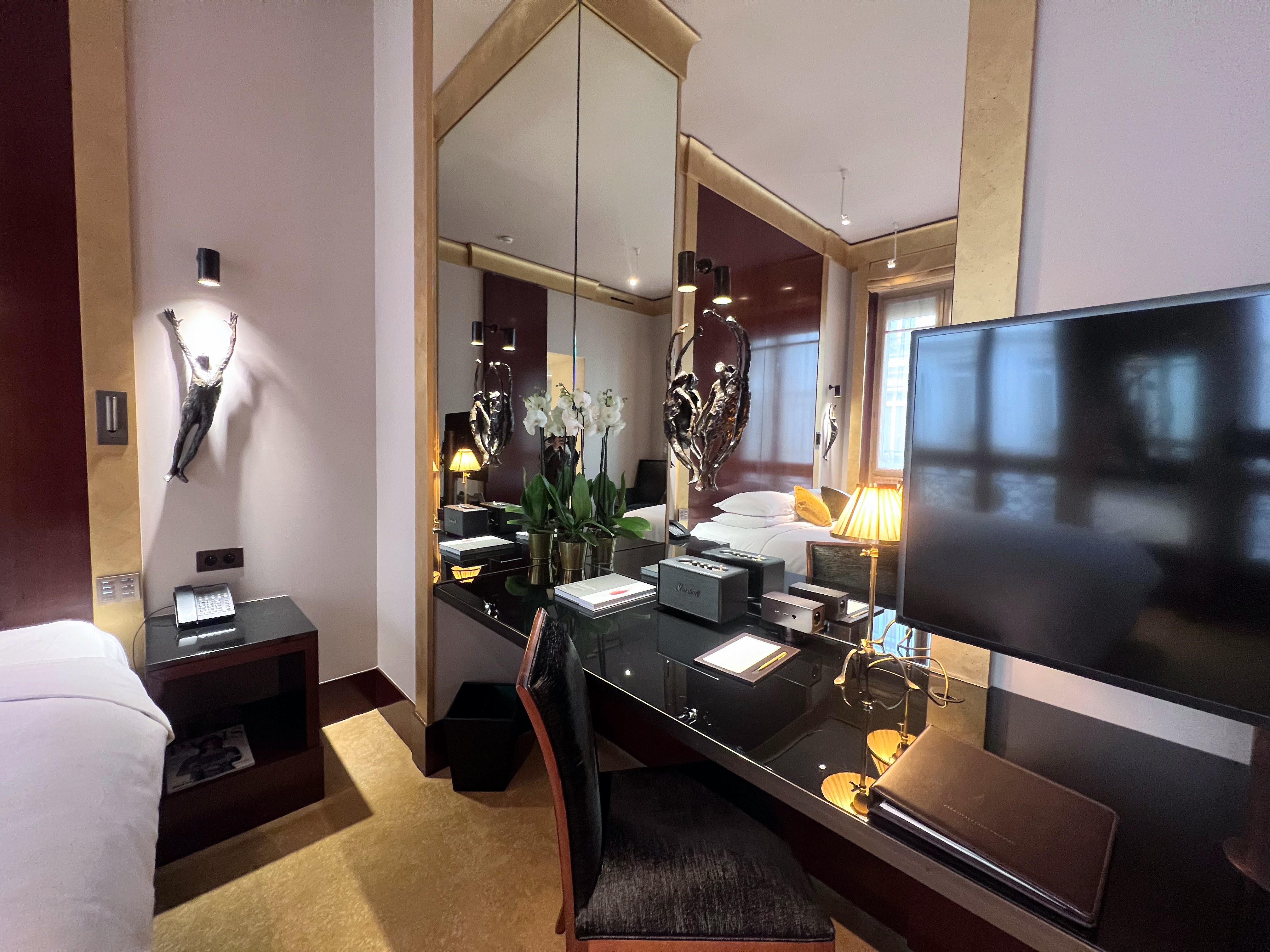 Park Hyatt Paris guestroom desk Desk and TV in king deluxe room at Park Hyatt Paris