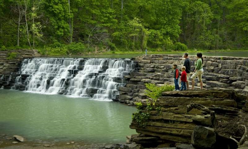 Family look at waterfalls Devil's Den State Park