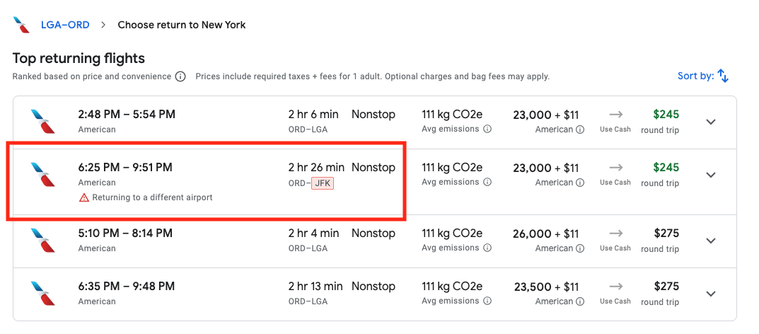 Different Airports Google flights