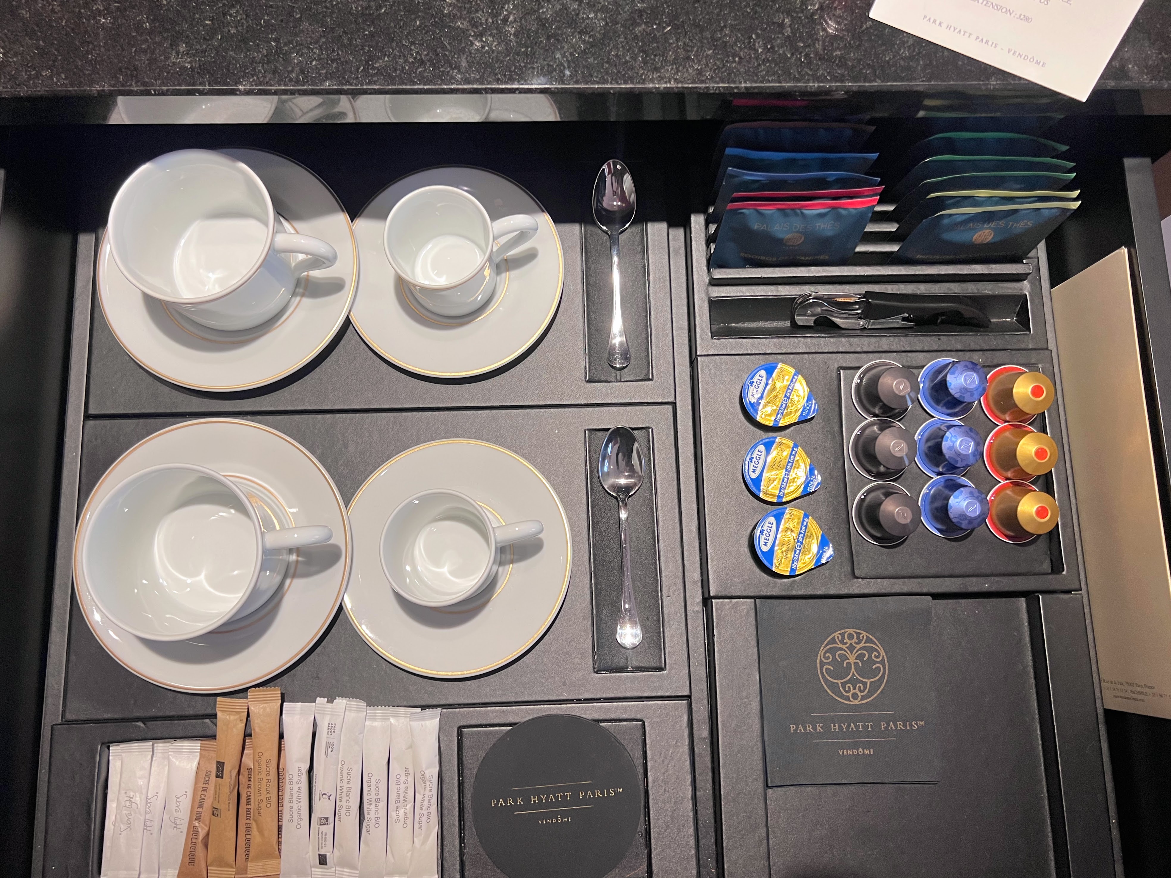 In room coffee and tea options at Park Hyatt Paris In room coffee and tea options at Park Hyatt Paris