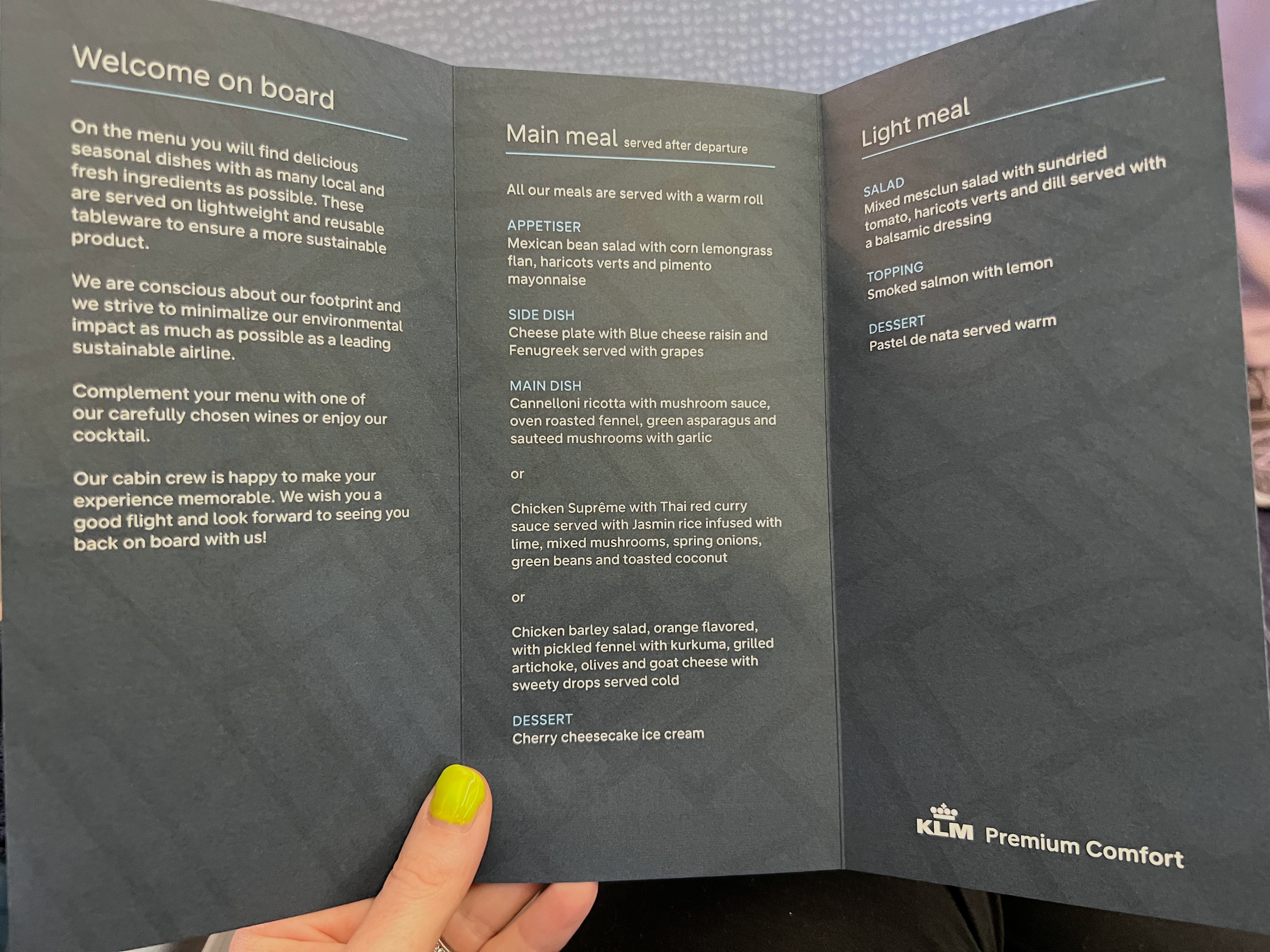 KLM Premium Comfort inflight menu