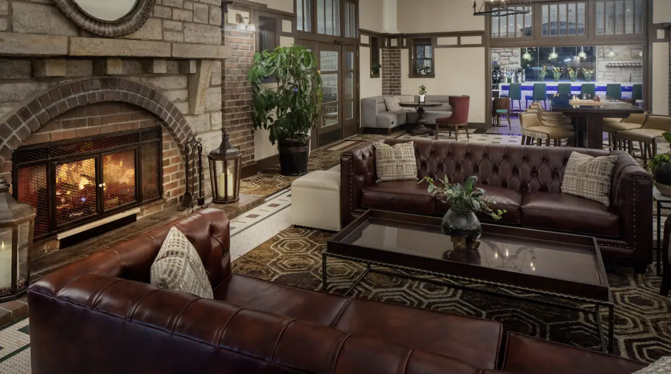 Lobby fireplace at The Elms Hotel Spa