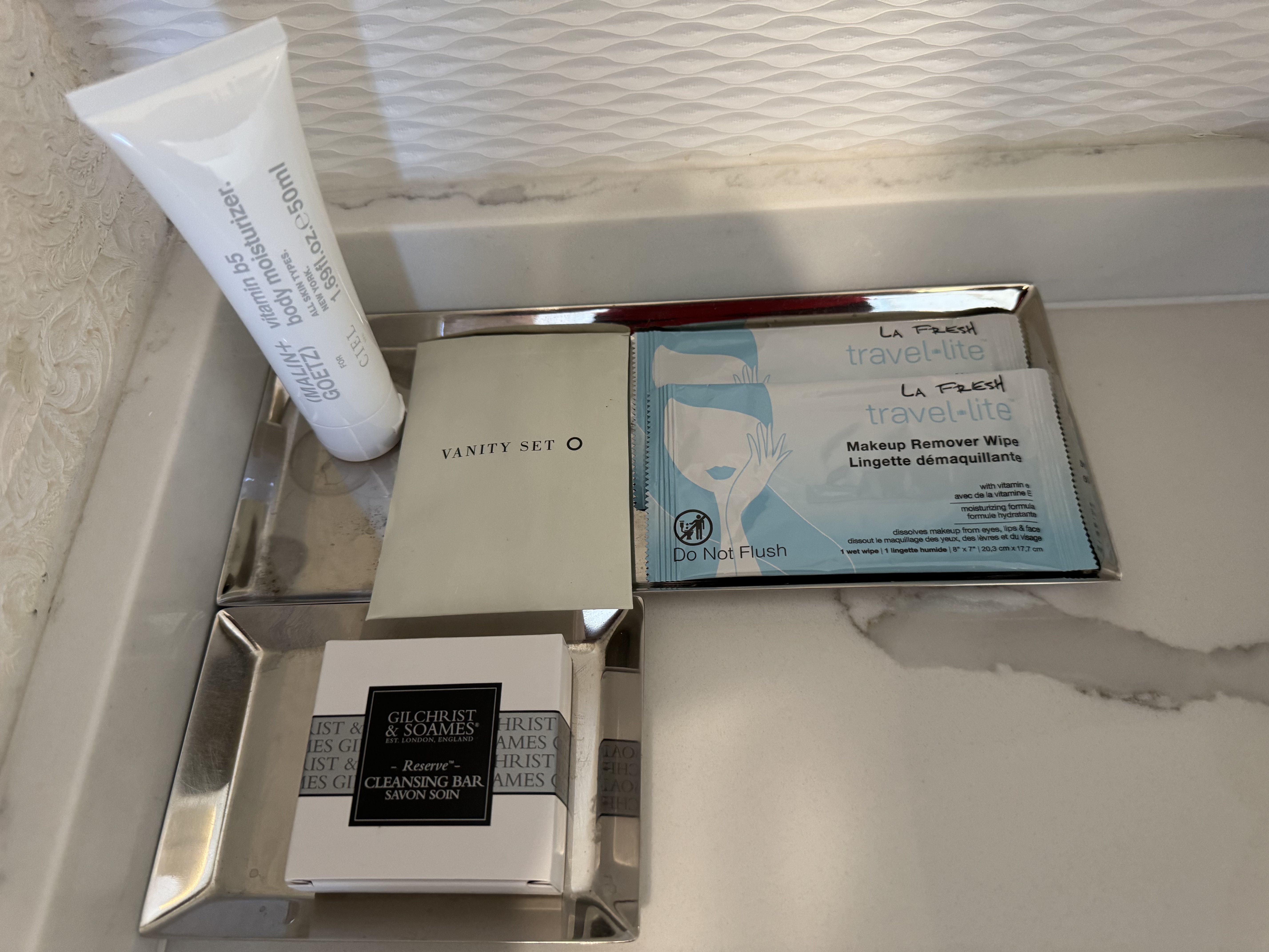 Mondrian Los Angeles deluxe studio suite bathroom toiletries on counter Mondrian Los Angeles deluxe studio suite bathroom toiletries on counter