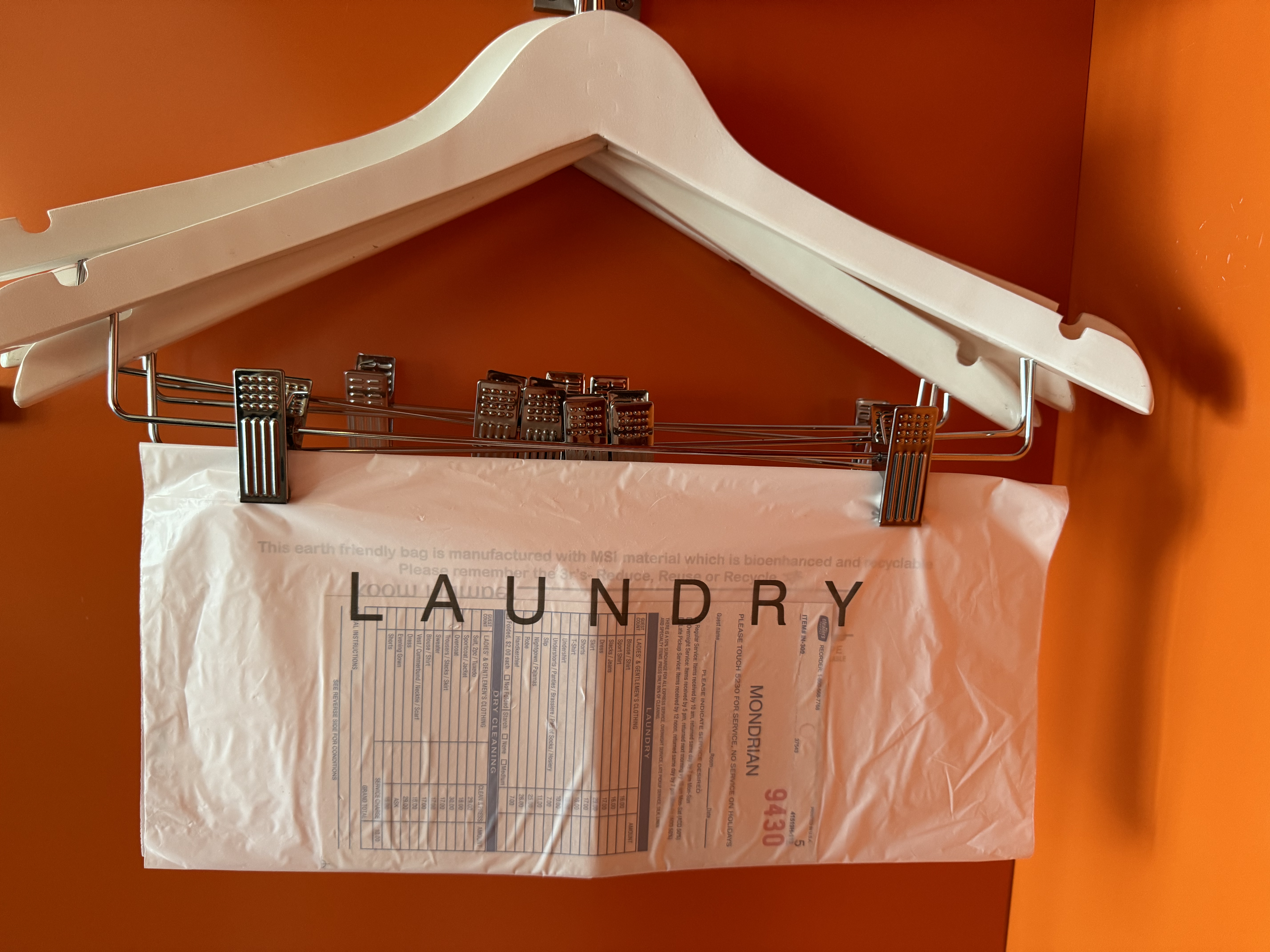 Mondrian Los Angeles deluxe studio suite hangers with laundry list Mondrian Los Angeles deluxe studio suite hangers with laundry list
