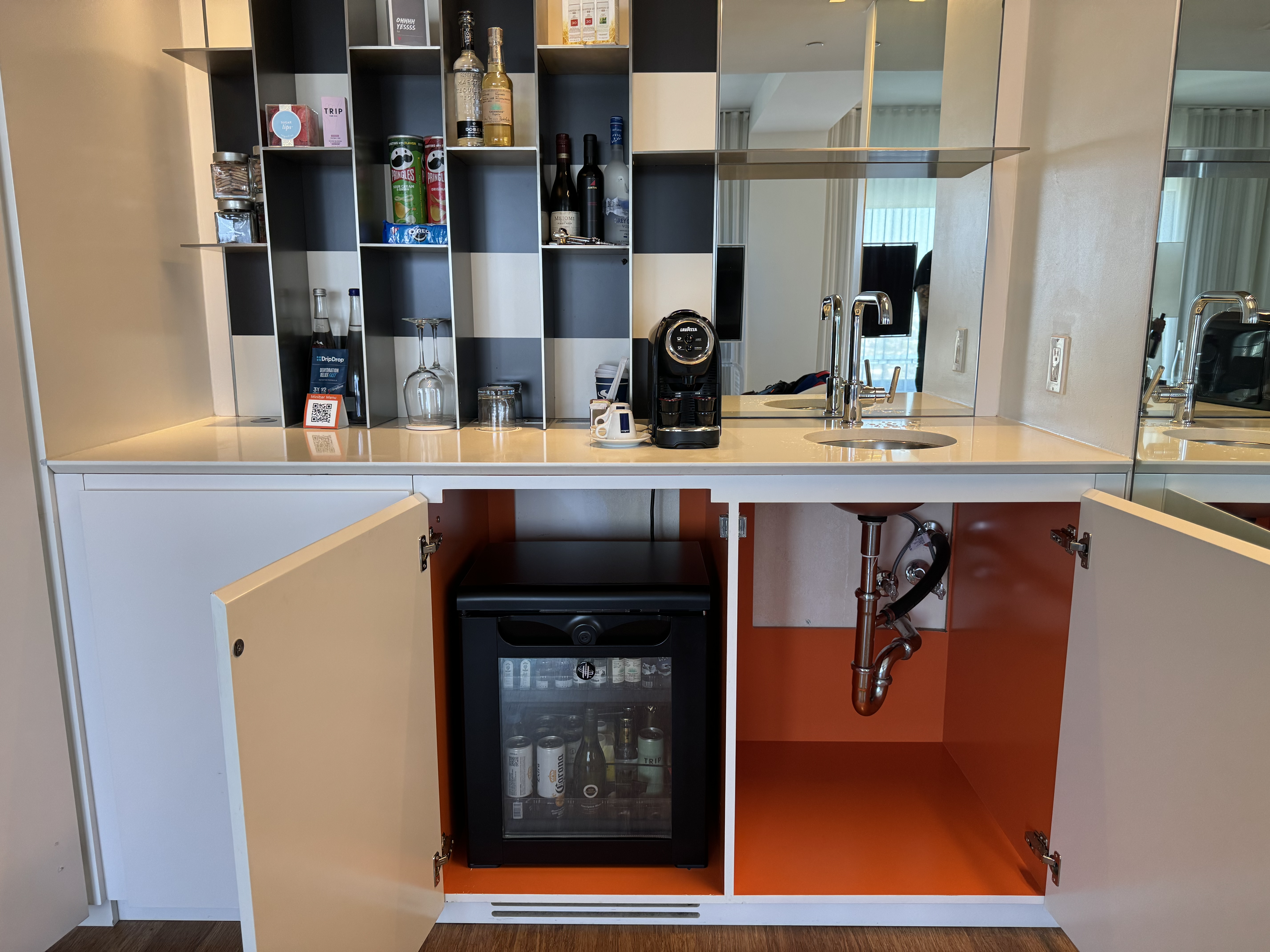 Mondrian Los Angeles deluxe studio suite minibar area Mondrian Los Angeles deluxe studio suite minibar area