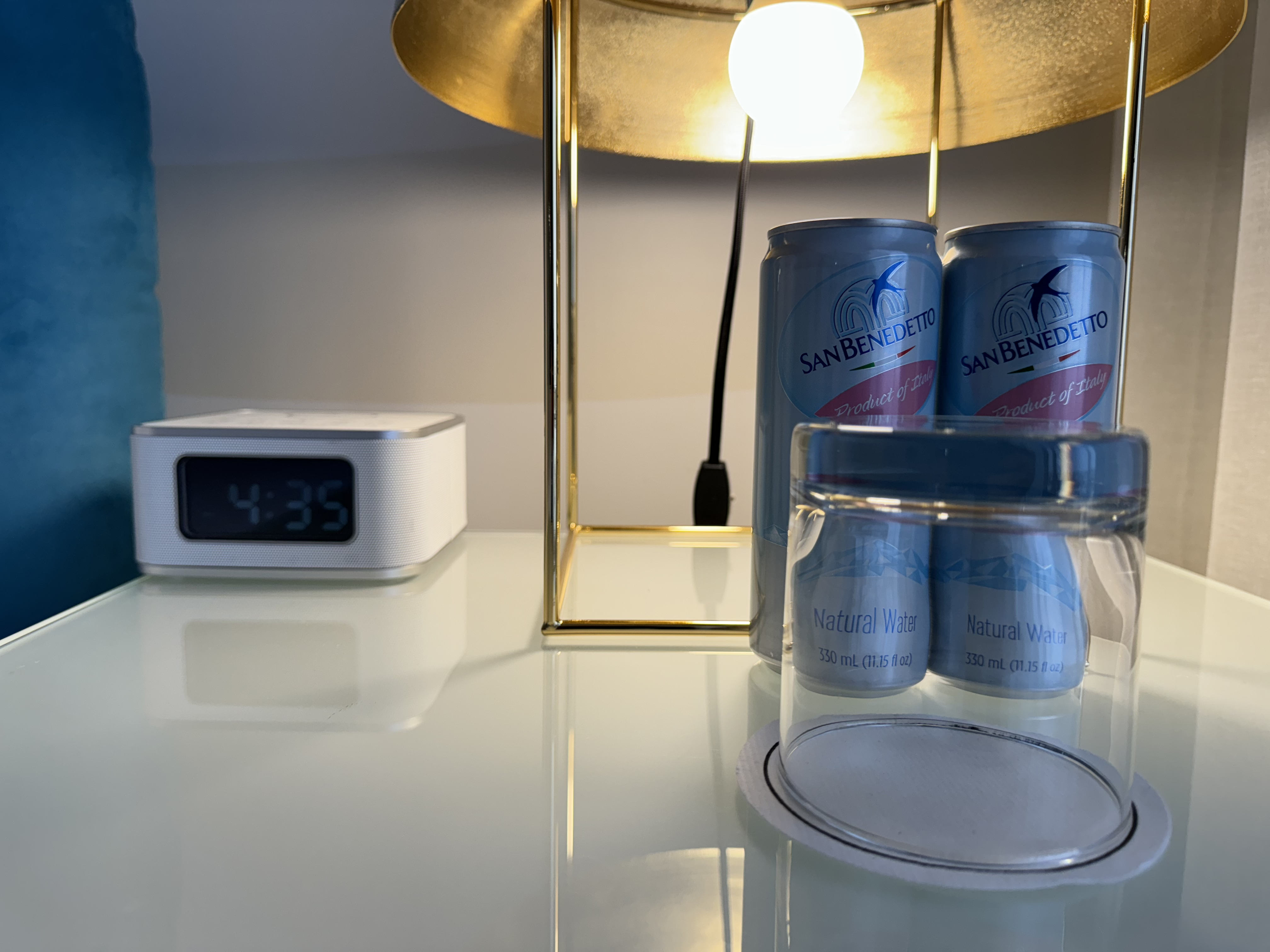 Mondrian Los Angeles deluxe studio suite nightstand with water and clock radio Mondrian Los Angeles deluxe studio suite nightstand with water and clock radio
