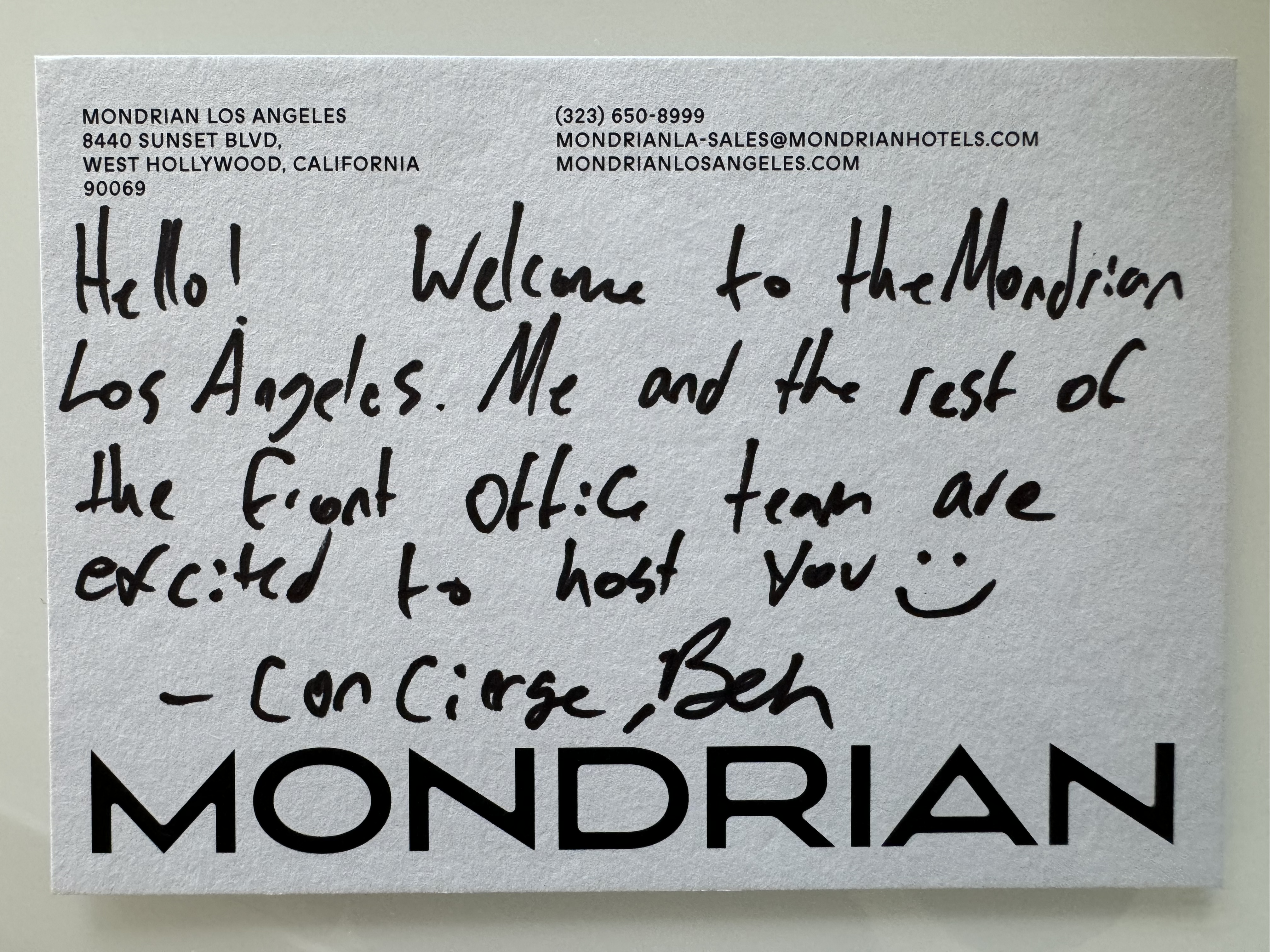 Mondrian Los Angeles deluxe studio suite sitting area welcome note Mondrian Los Angeles deluxe studio suite sitting area welcome note