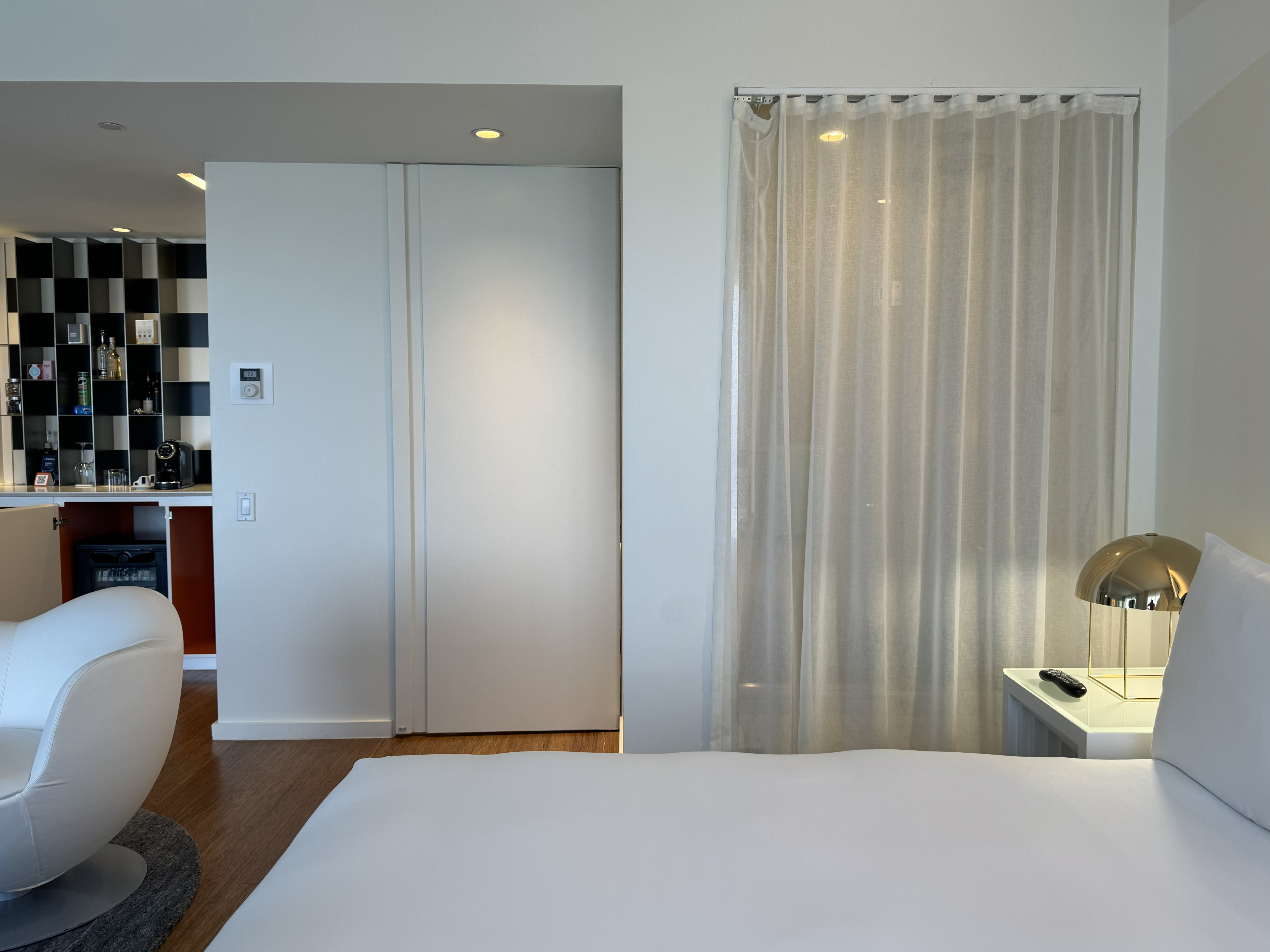 Mondrian Los Angeles deluxe studio suite view toward bathroom Mondrian Los Angeles deluxe studio suite view toward bathroom