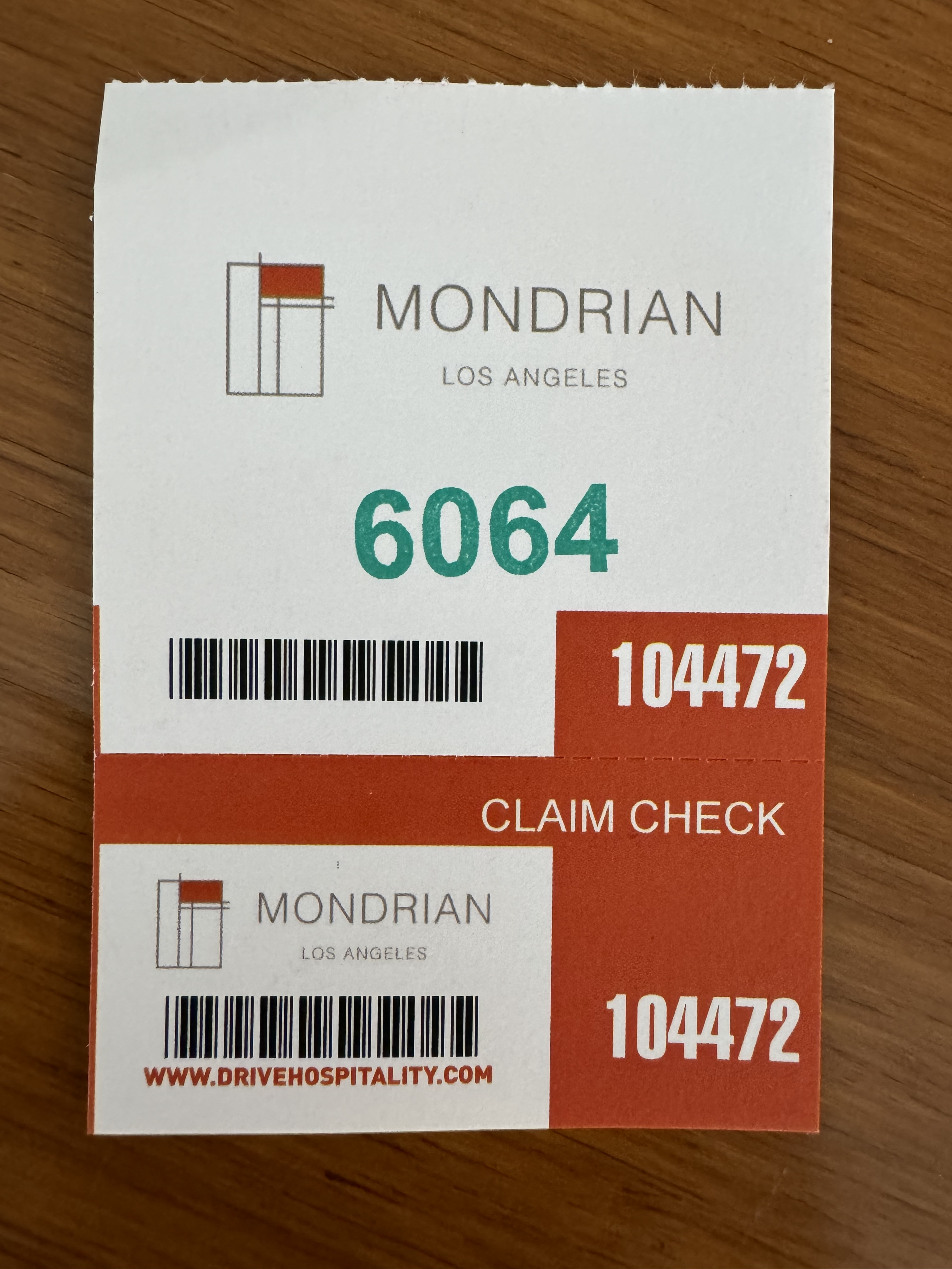 Mondrian Los Angeles valet parking ticket Mondrian Los Angeles valet parking ticket