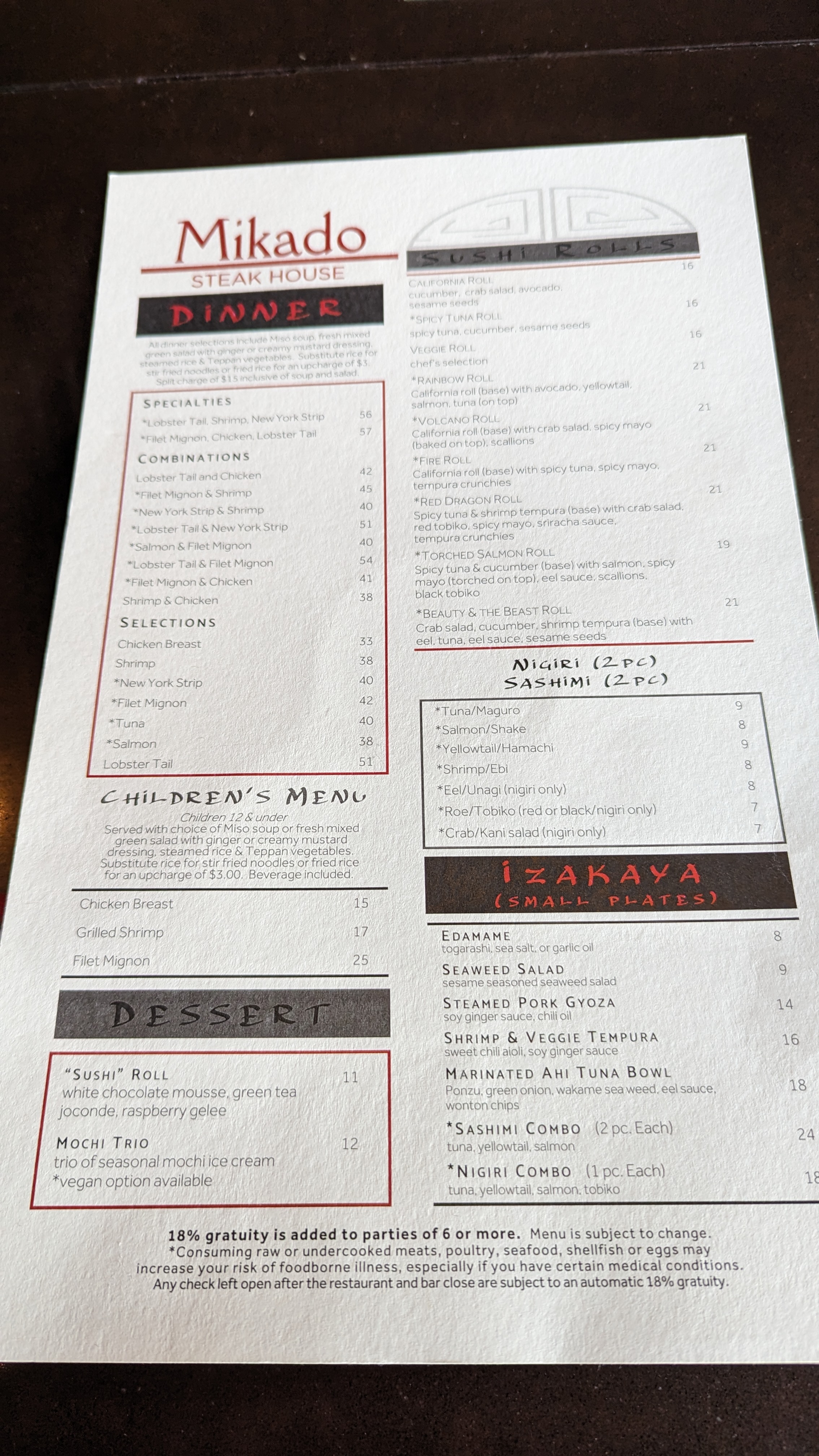 Orlando World Center Marriott food and beverage Mikado menu Orlando World Center Marriott food and beverage Mikado menu