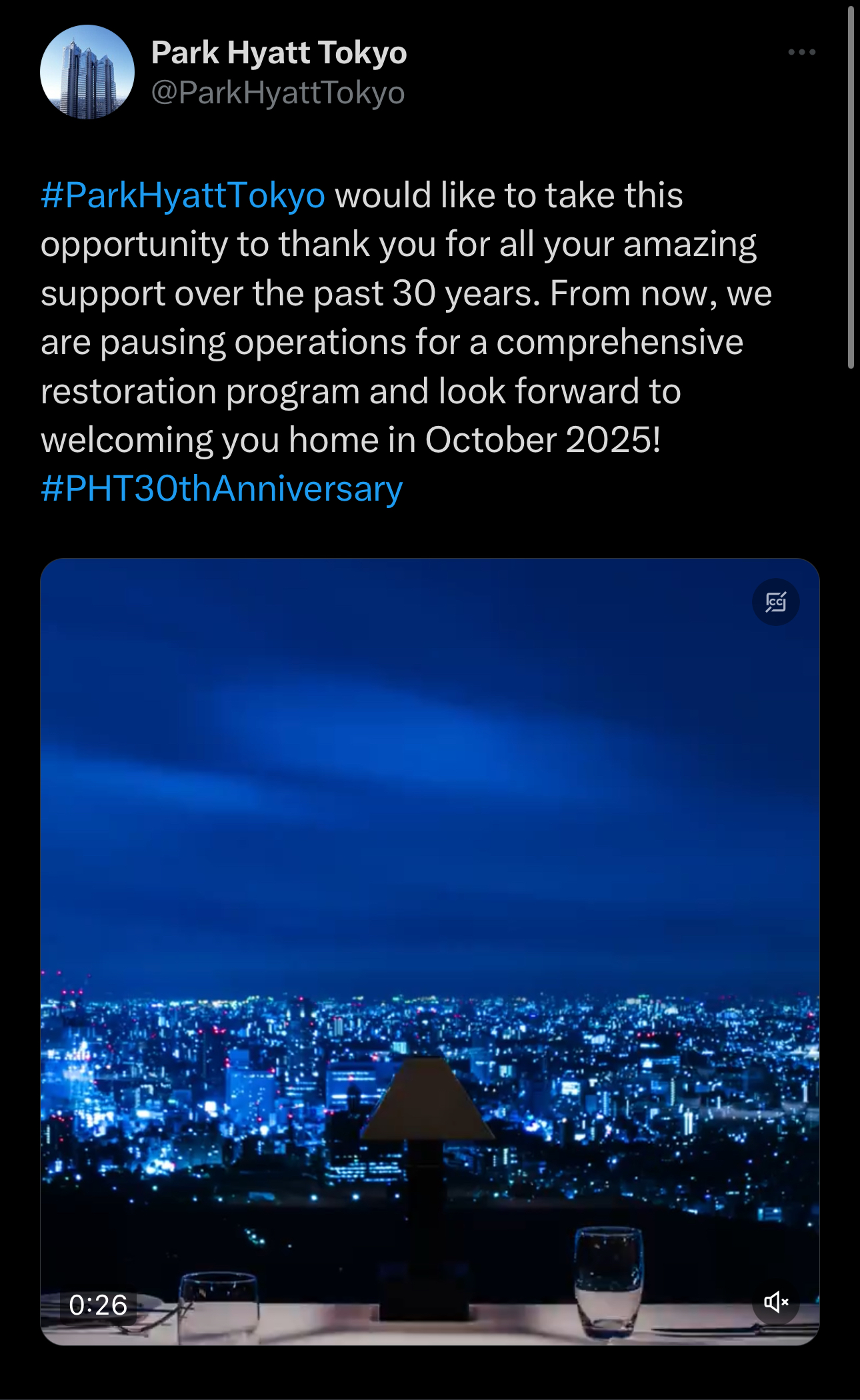 Park Hyatt Tokyo Closing for Renovation X Park Hyatt Tokyo Closing for Renovation X