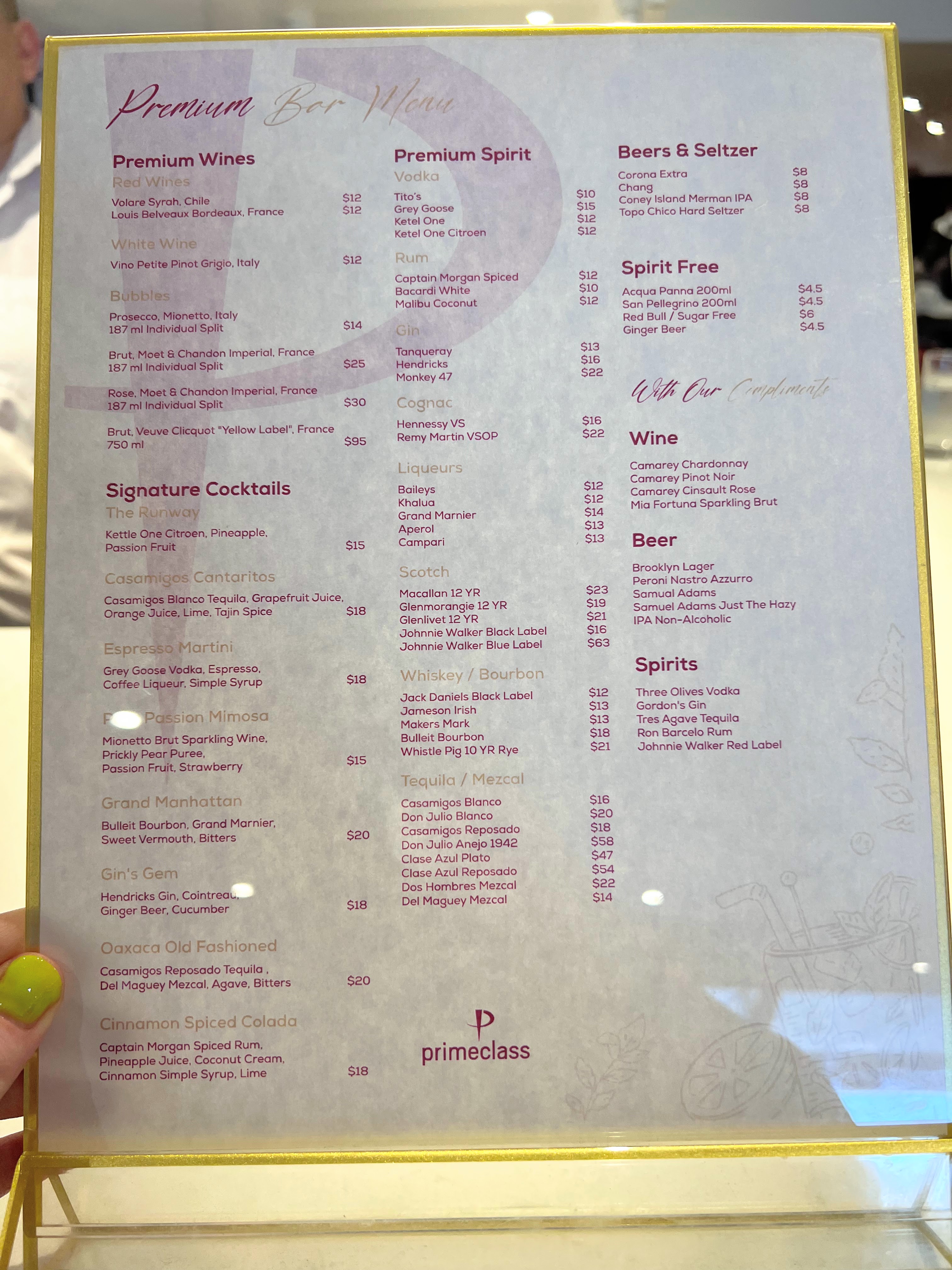 Primeclass Lounge JFK bar menu Primeclass Lounge JFK bar menu