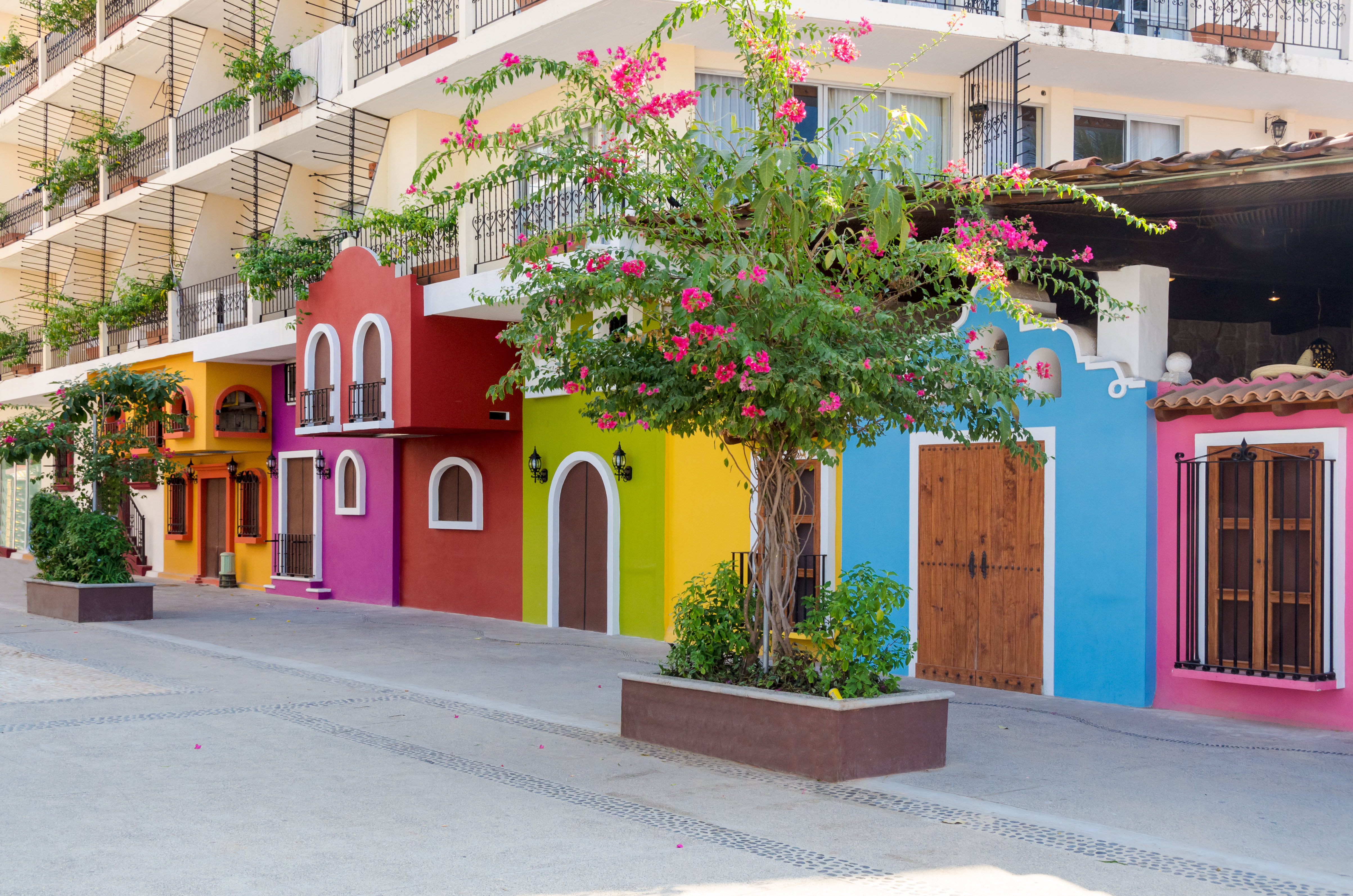 Andaz Mayakoba Dia de los Muertos Colorful apartment building in Puerto Vallarta, Mexico.