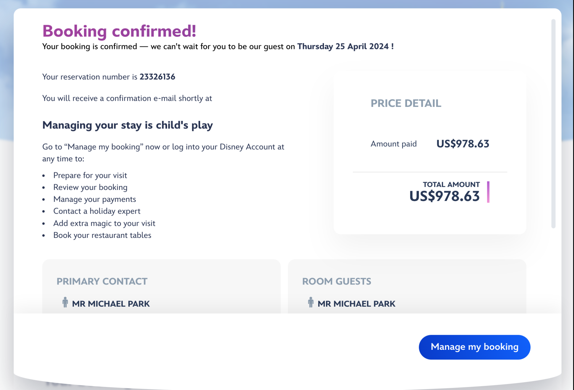 Disney Hotel Cheyenne booking confirmed