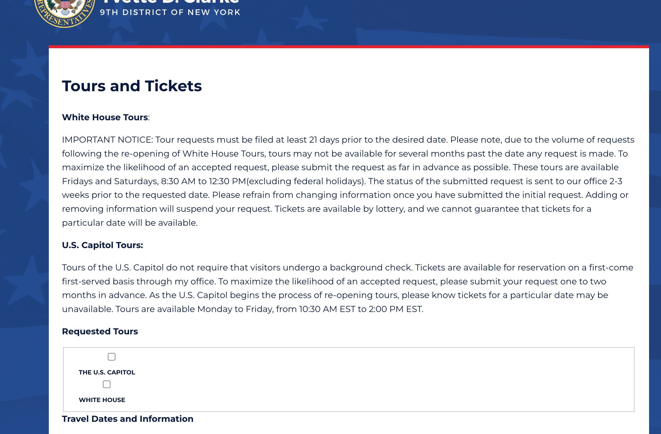 US Capitol tour reservation page.