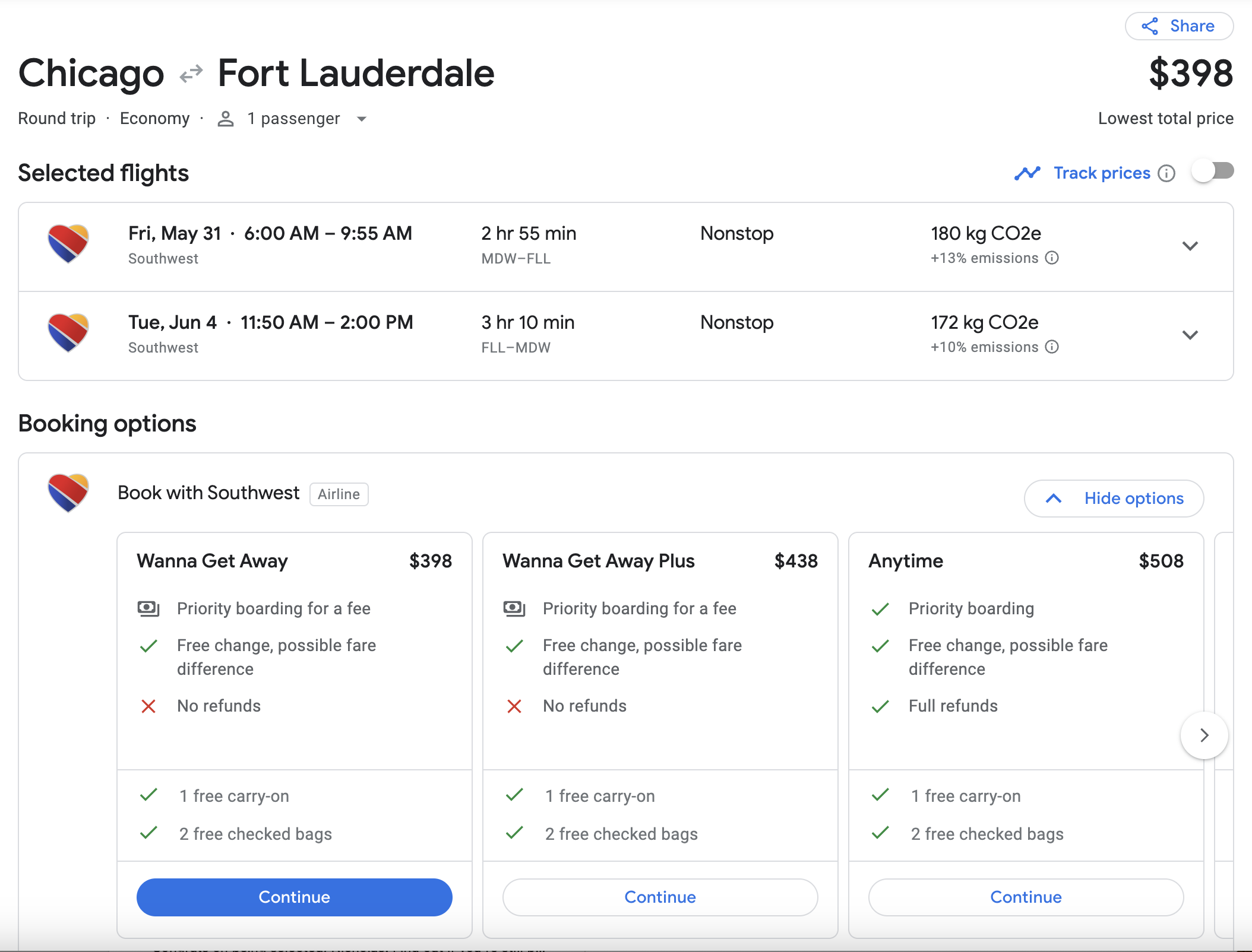Screenshot 2024 05 22 at 11.50.59 AM Southwest Google Flights MDW FLL