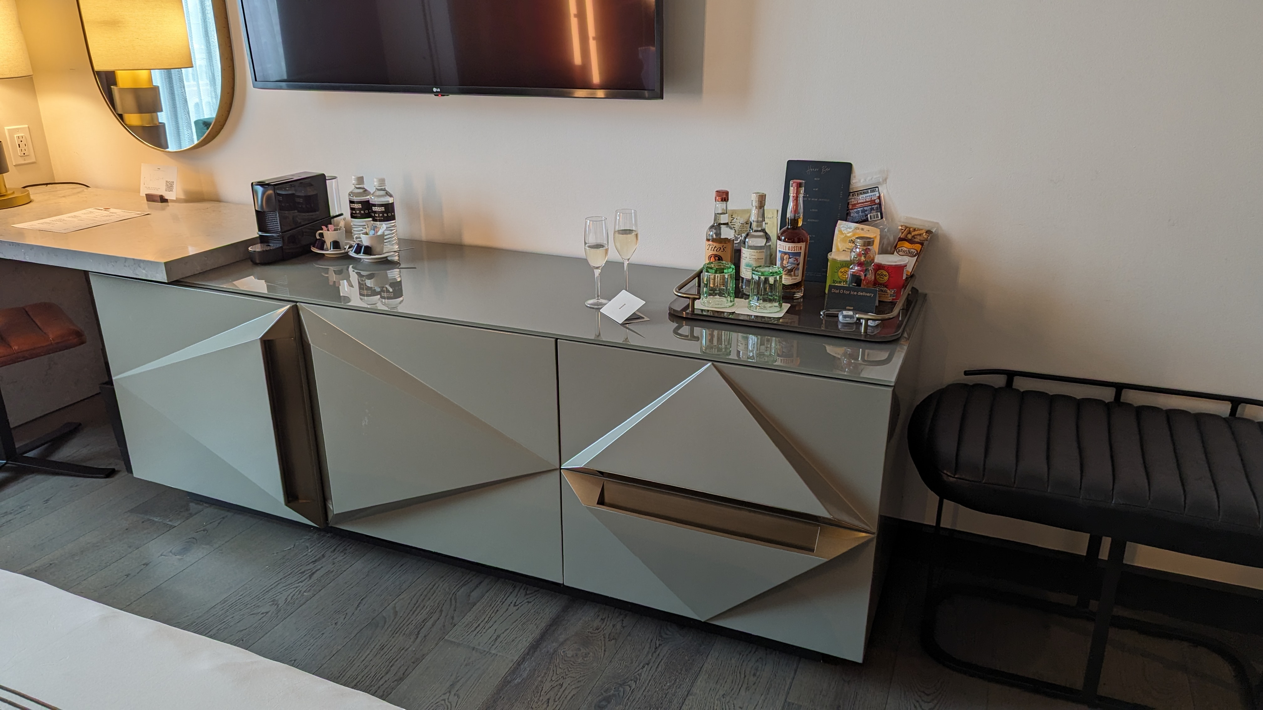 Thompson Austin room bedroom dresser and minibar Thompson Austin room bedroom dresser and minibar
