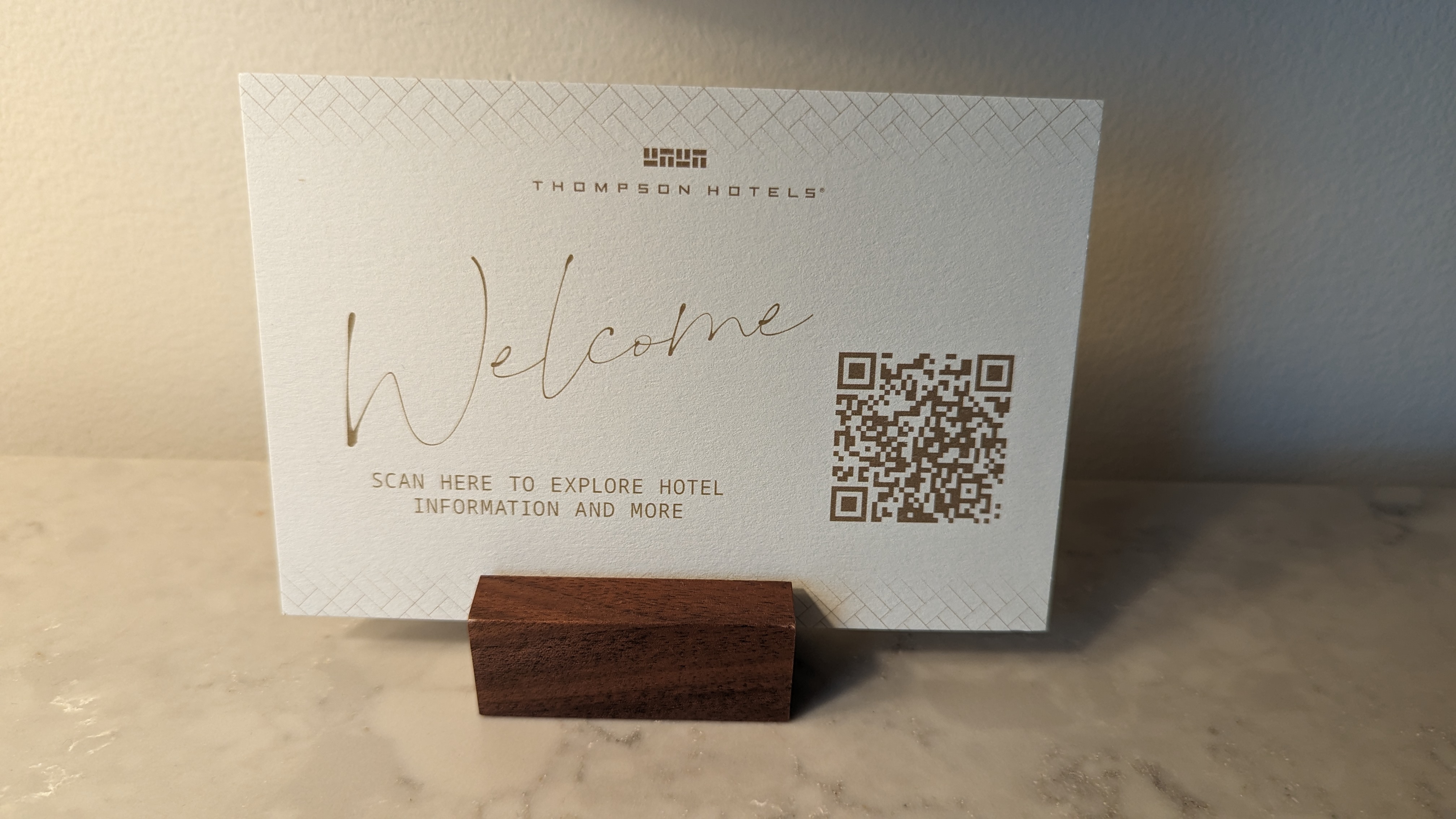 Thompson Austin room welcome QR on desk Thompson Austin room welcome QR on desk