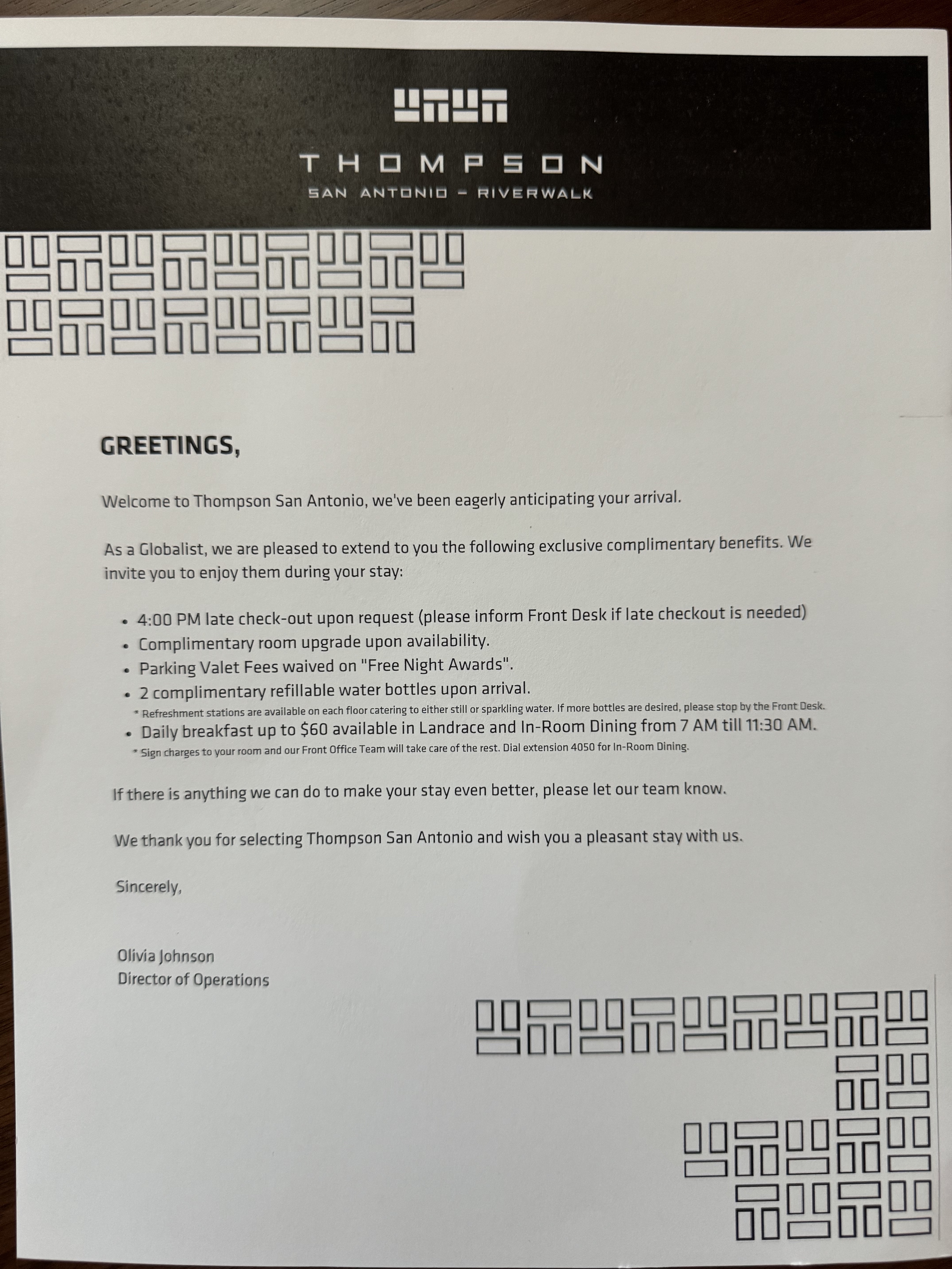 Thompson San Antonio Riverwalk Globalist welcome letter Thompson San Antonio Riverwalk Globalist welcome letter