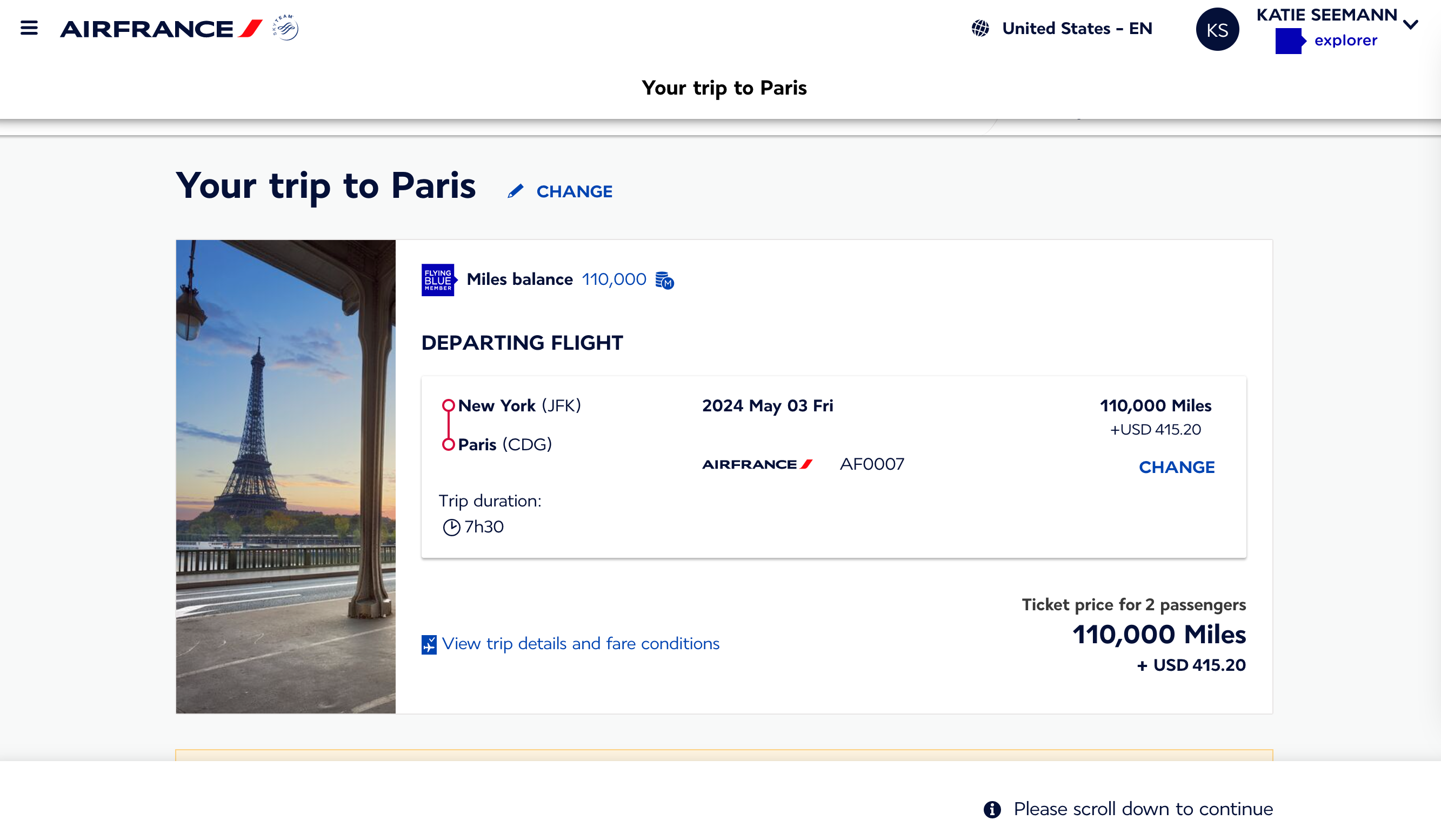 Air France Paris flight cost in points