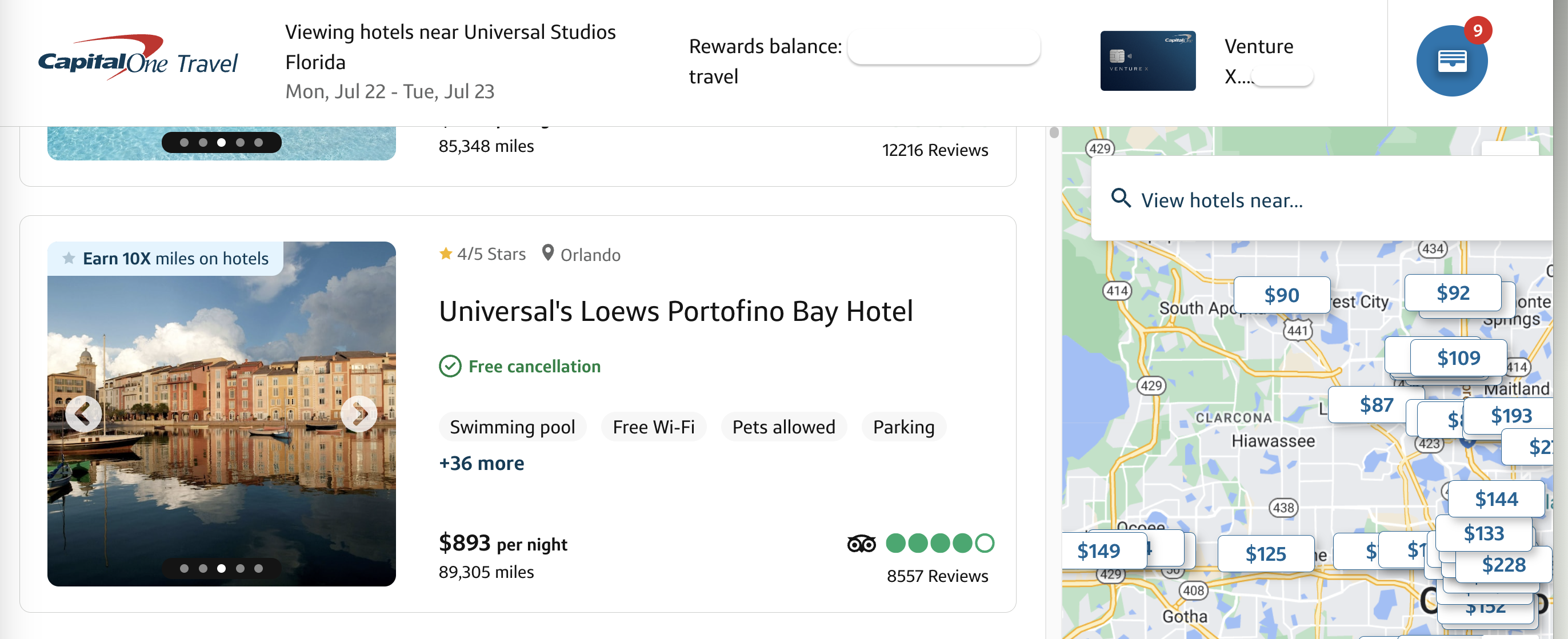 Capital one Universal Studios hotel screenshot A screenshot of Capital One Travel showing a Universal Studios hotel available to book.