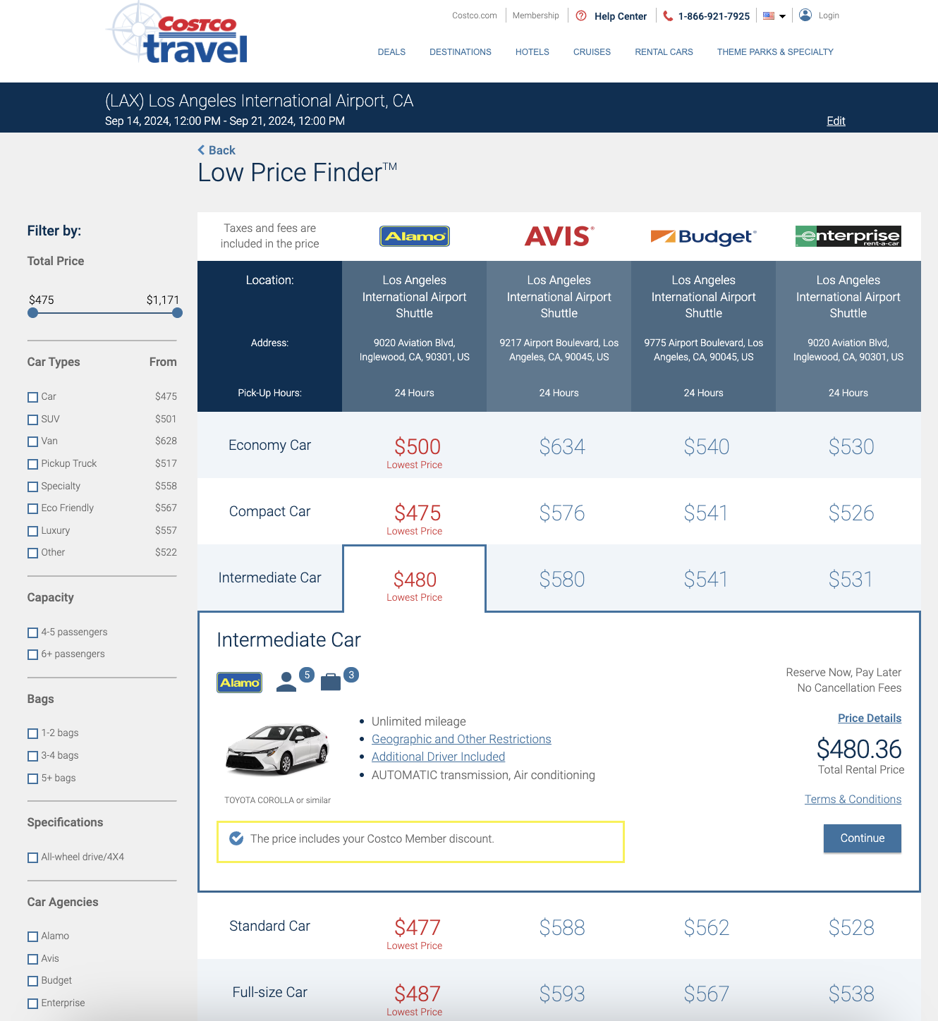Costco Rental Car Search Page