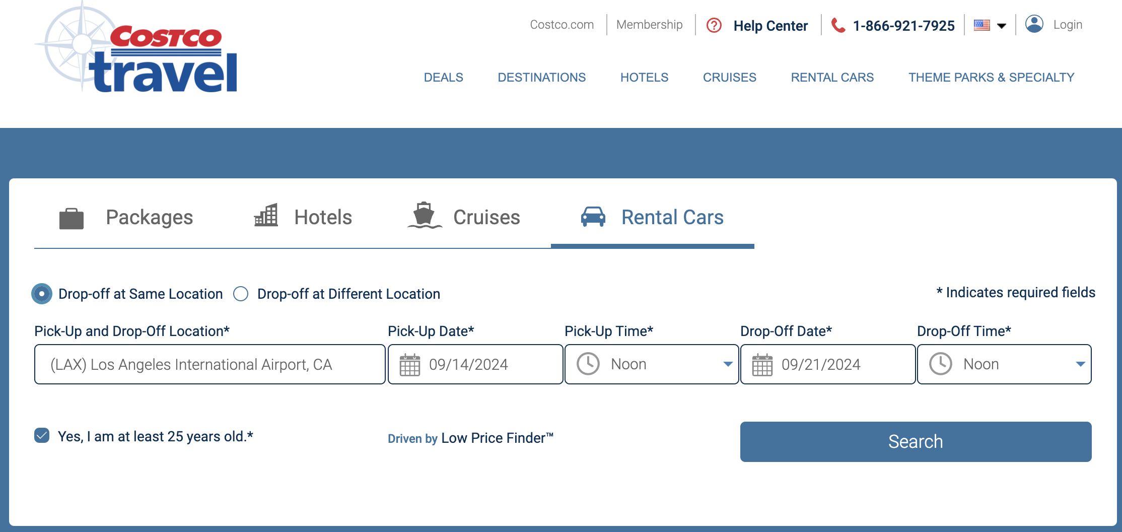 Costco Rental Car Webpage