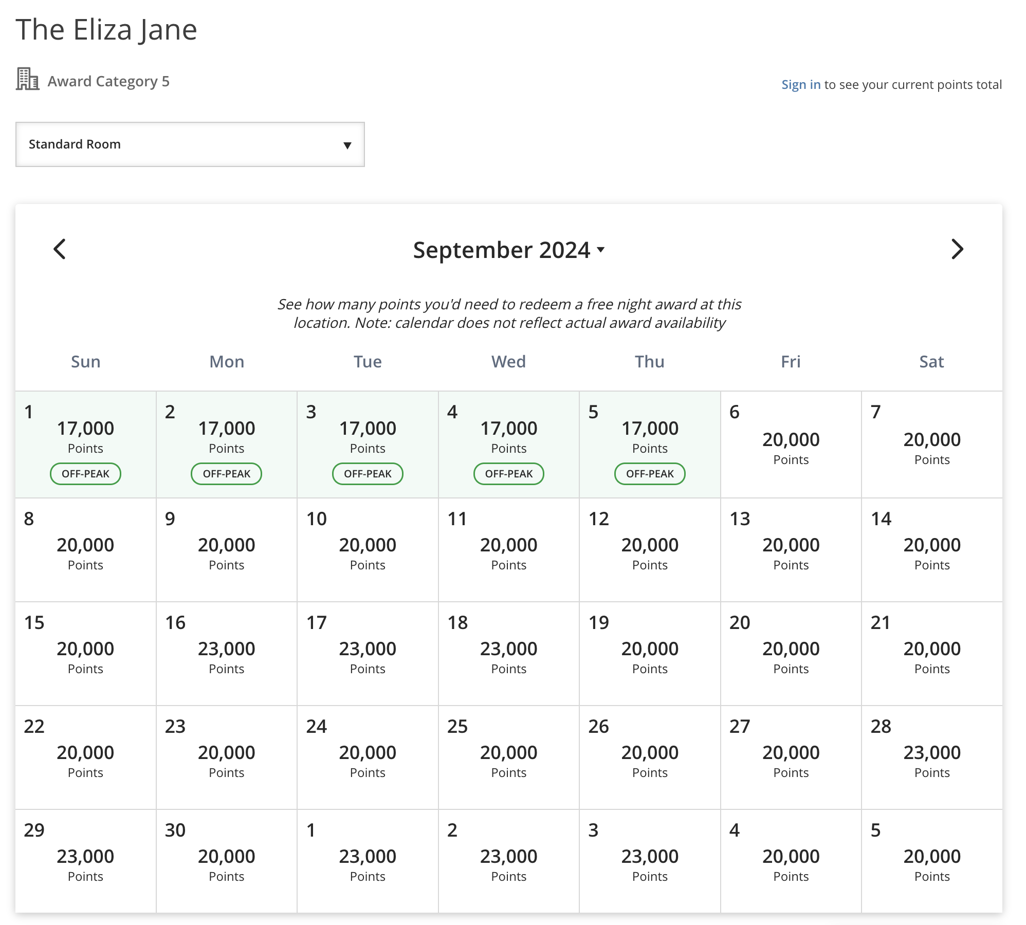 Eliza Jane Points Rates