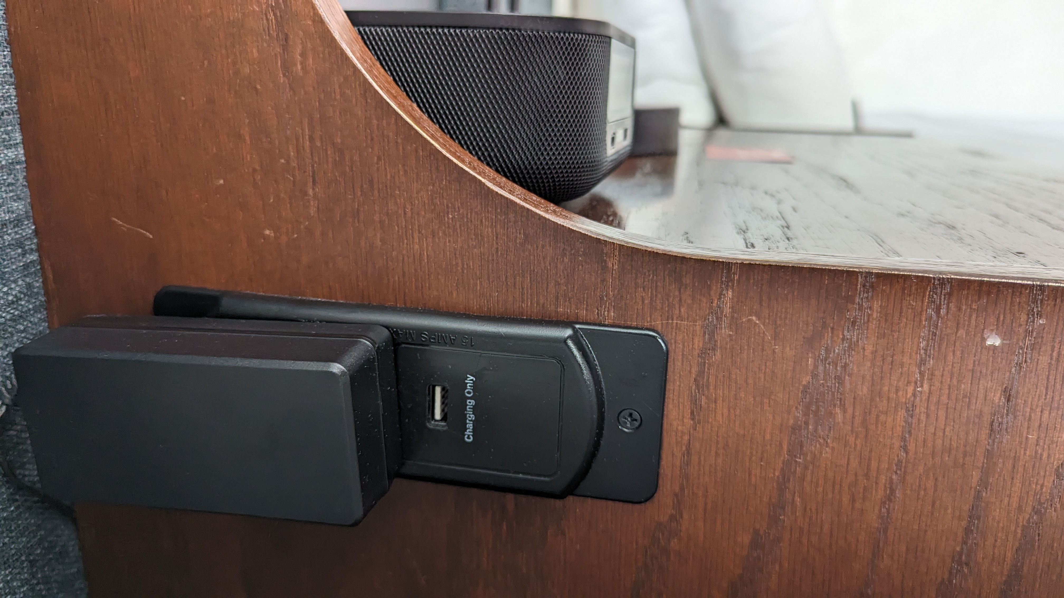 Hotel Kabuki San Francisco guest room nightstand plug Hotel Kabuki San Francisco guest room nightstand plug
